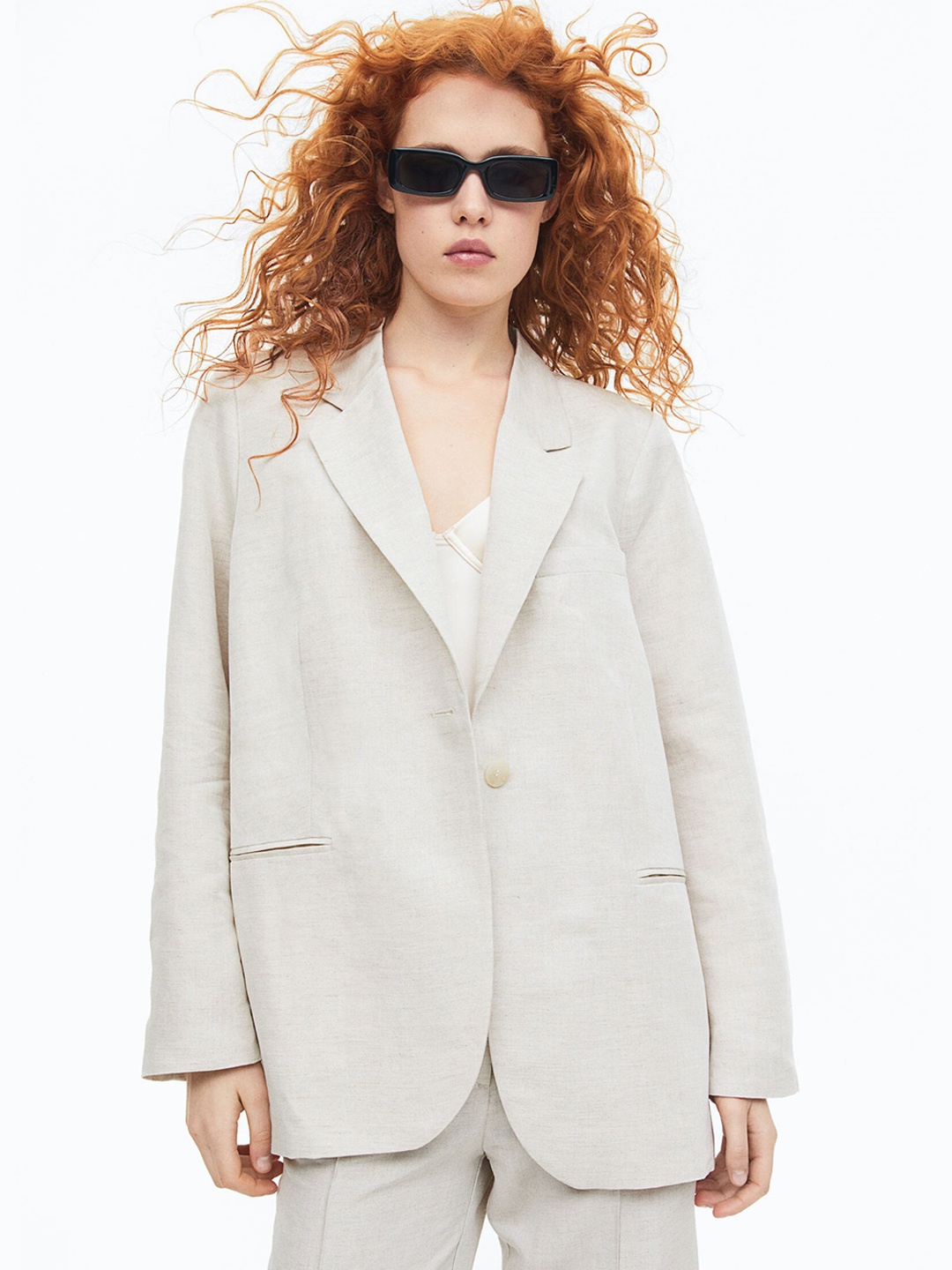 

H&M Single-Breasted Linen-Blend Blazer, Beige