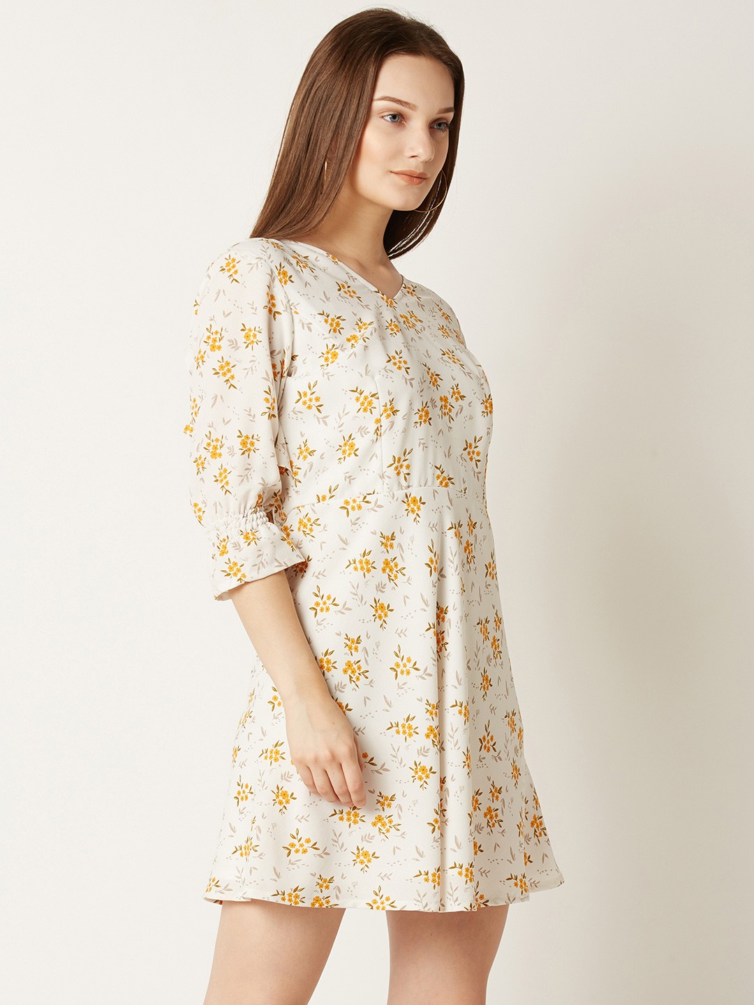 

Miss Chase Women Off-White & Yellow Printed Fit & Flare Dress