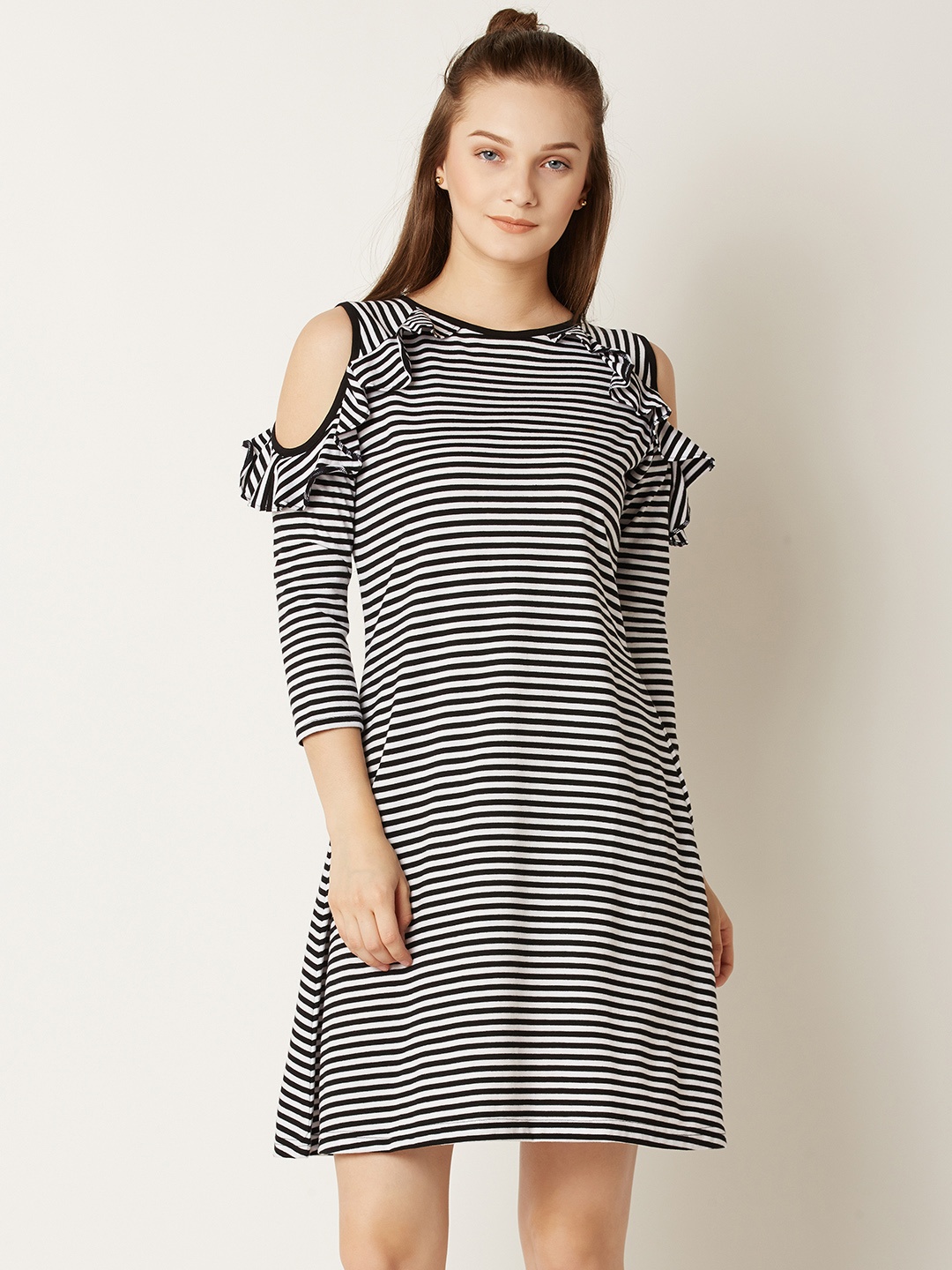 

Miss Chase Women Black Striped Cold Shoulder A-Line Dress