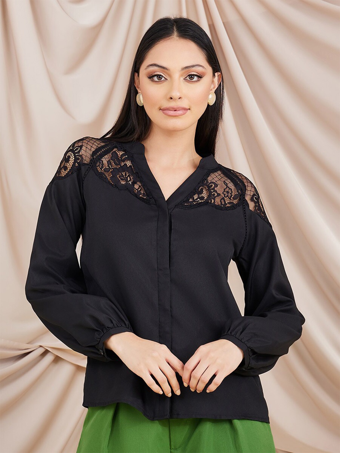

Styli Puff Sleeved Shirt Style Top, Black