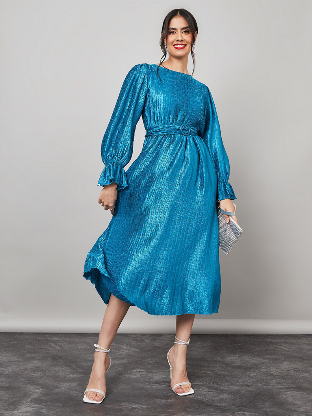 

Styli Blue Self Design Puff Sleeves Maxi Dress