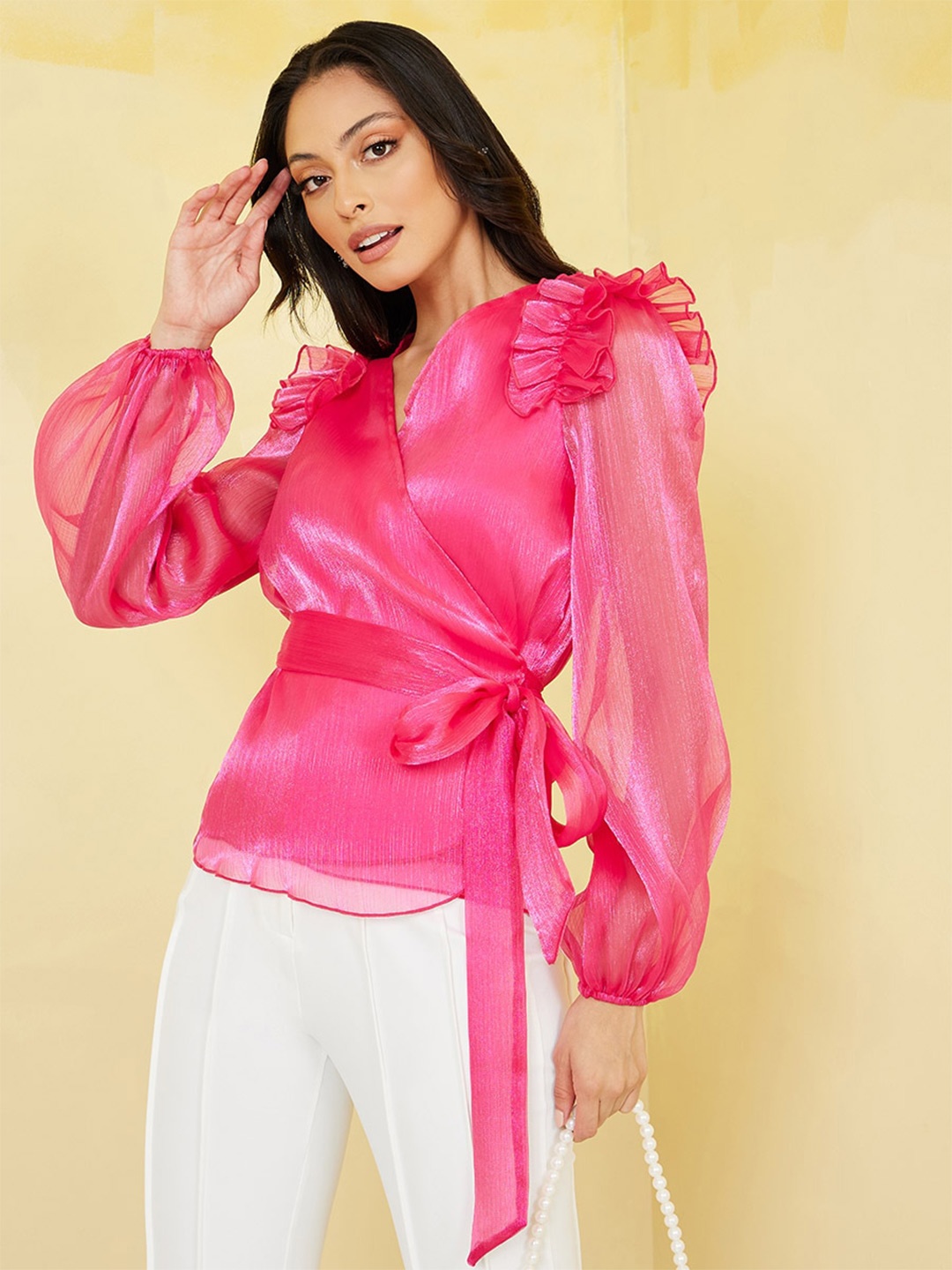 

Styli V-Neck Ruffled Wrap Top, Pink