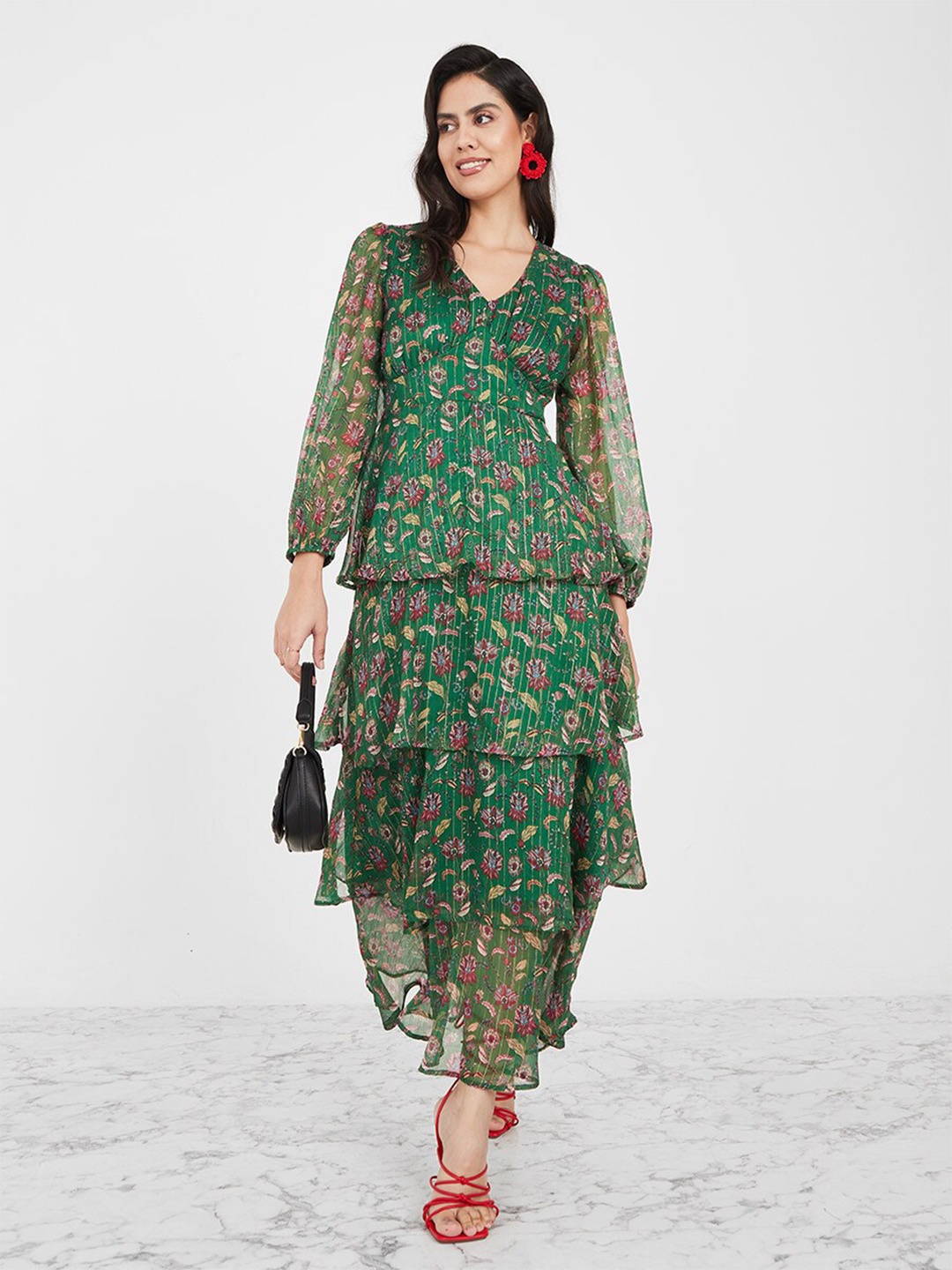 

Styli Green Puff Sleeves V-Neck Layered A-Line Maxi Dress
