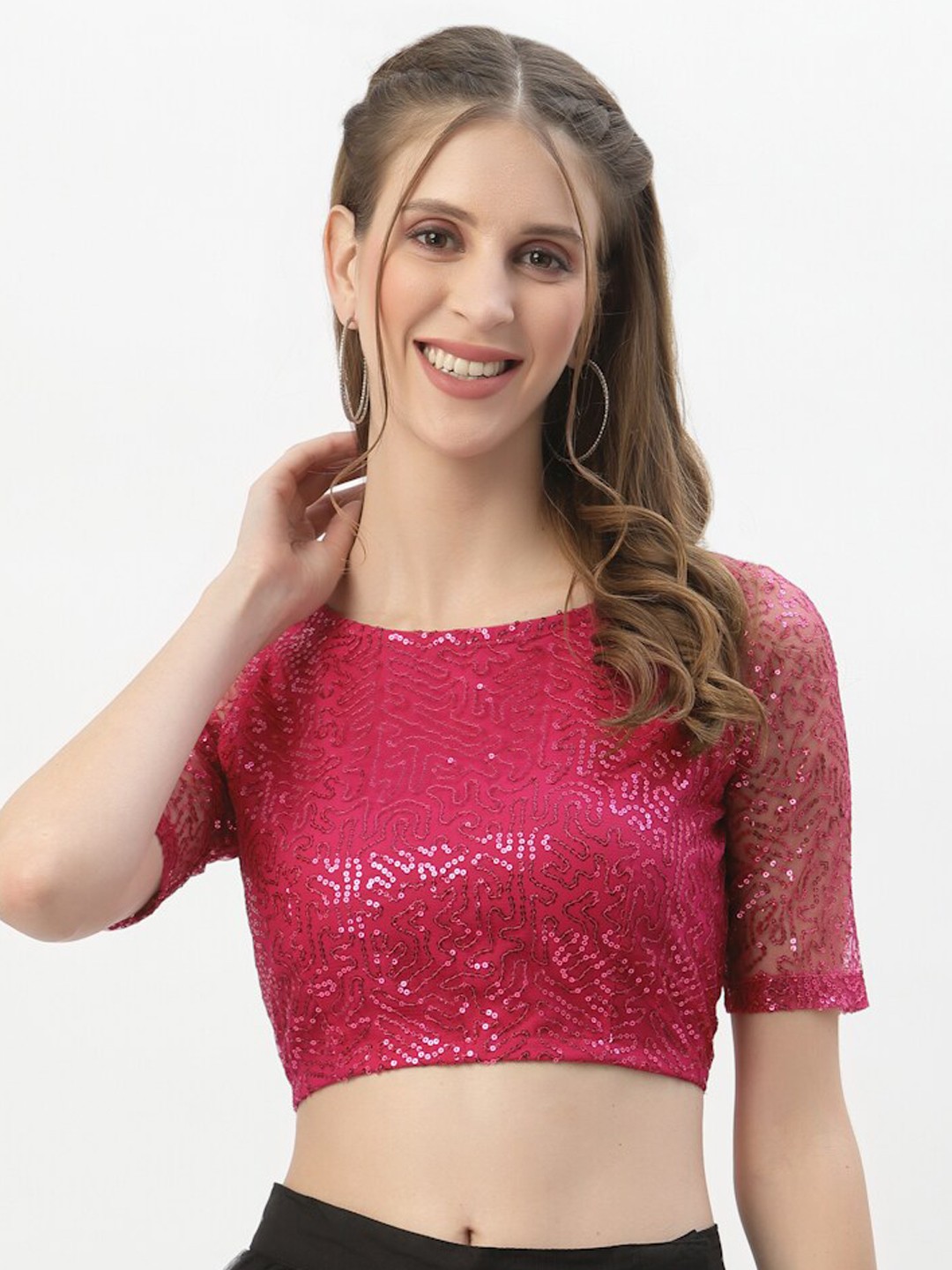 

studio rasa Sequins Embroidered Sheer Sleeves Net Blouse, Pink