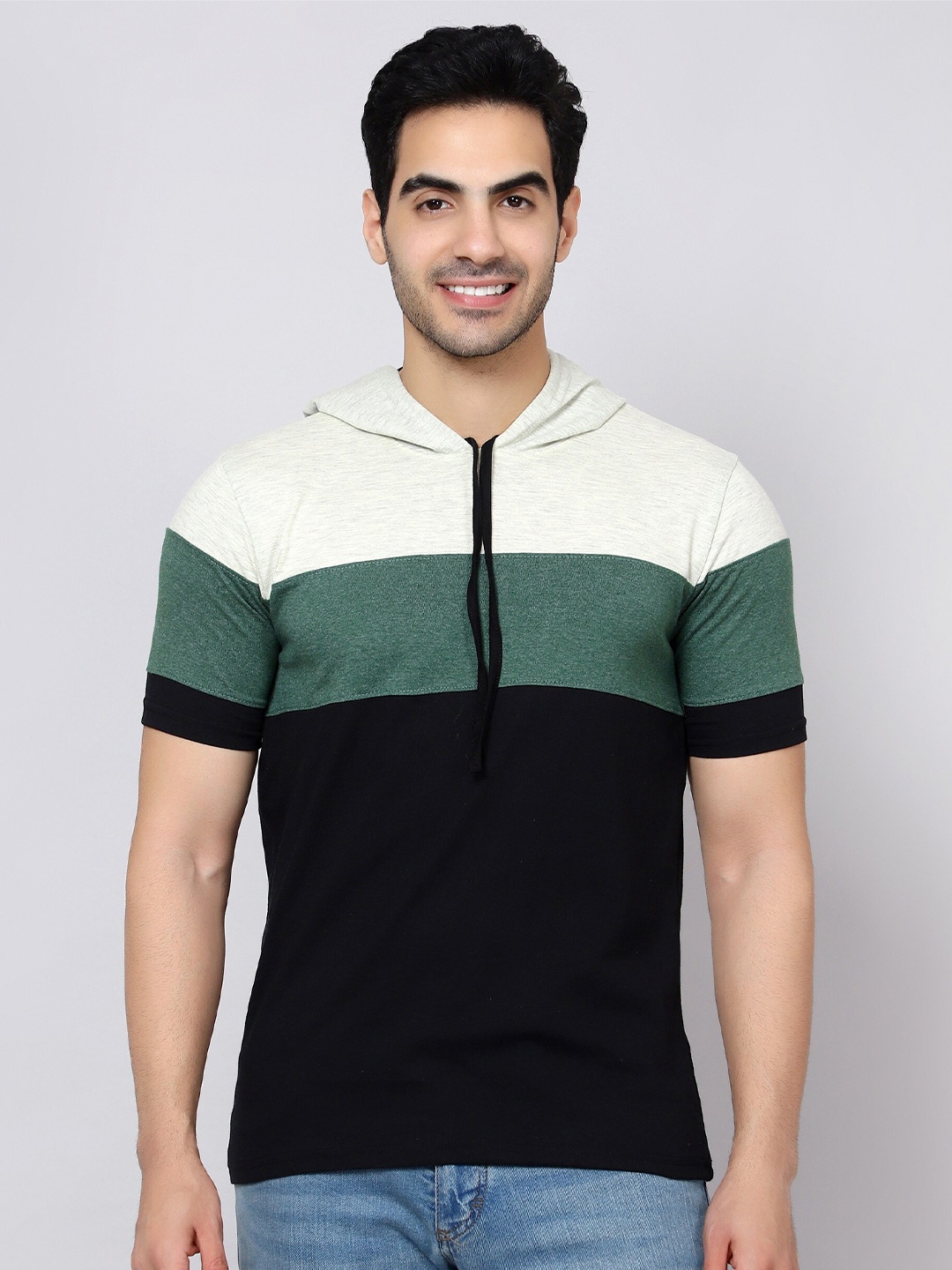 

DIAZ Colourblocked Hooded Cotton T-shirt, Cream