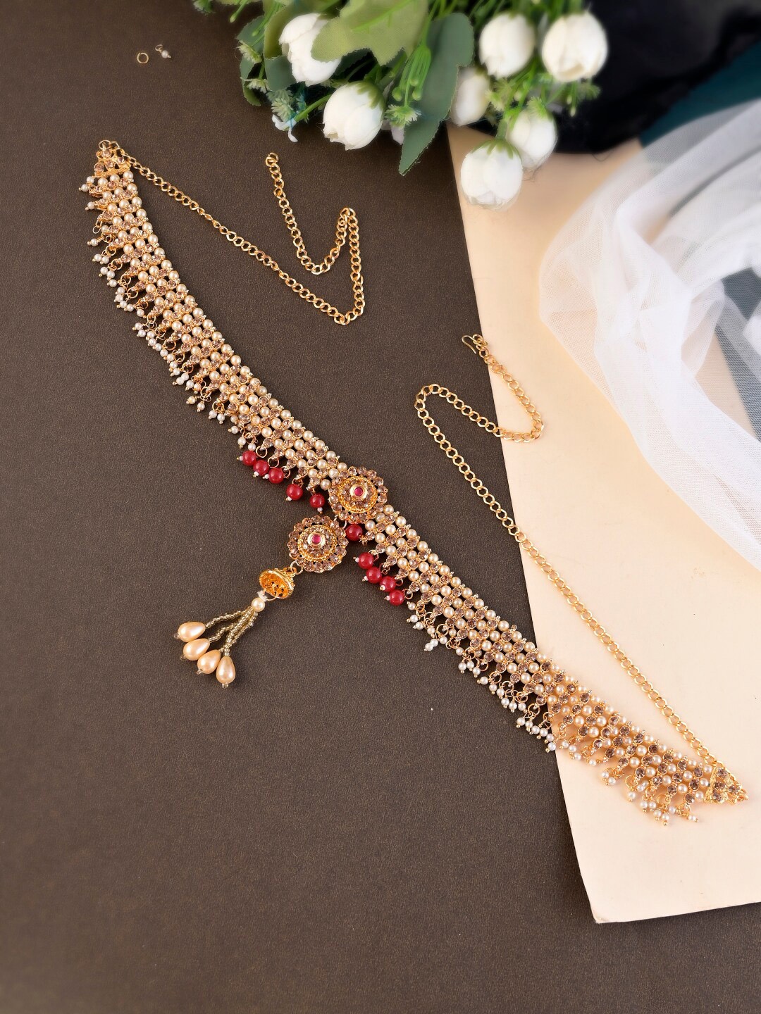 

Shoshaa Gold-Plated Stone Studded & Beaded Waist Chain, Red