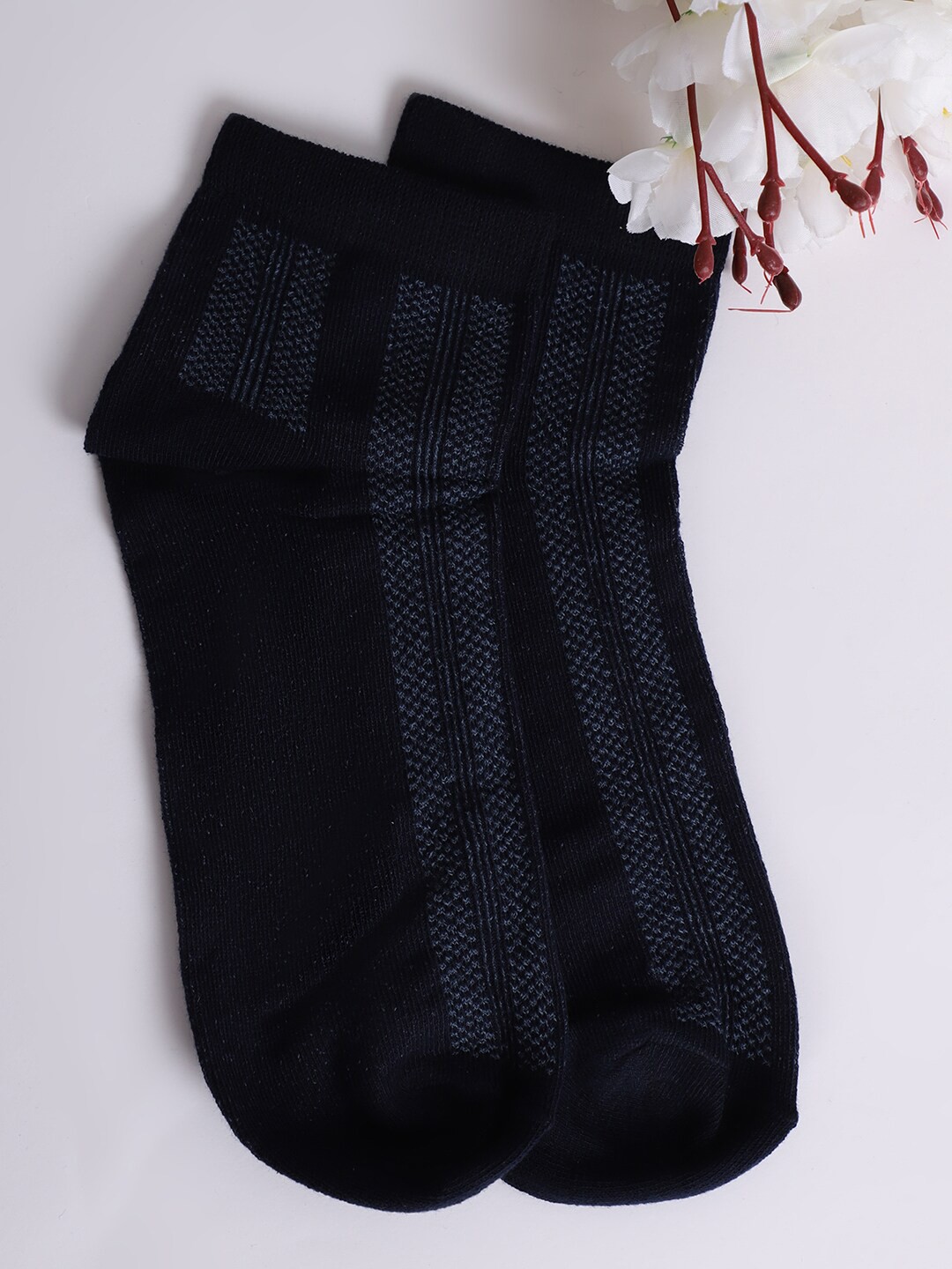 

Cantabil Men Pack Of 3 Striped Ankle-Length Cotton Socks, Navy blue