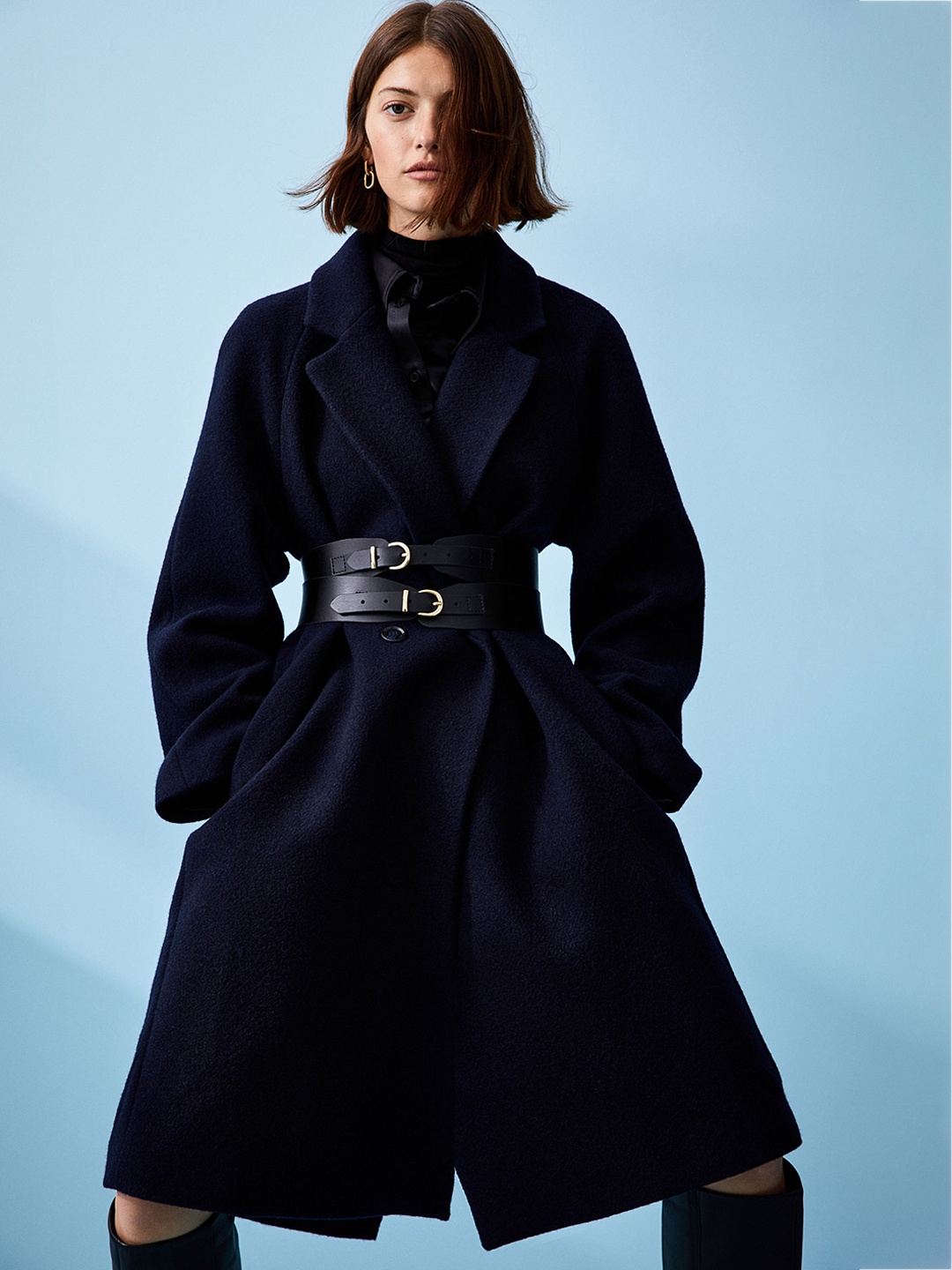 

H&M Double-Breasted Wool-Blend Coat, Blue