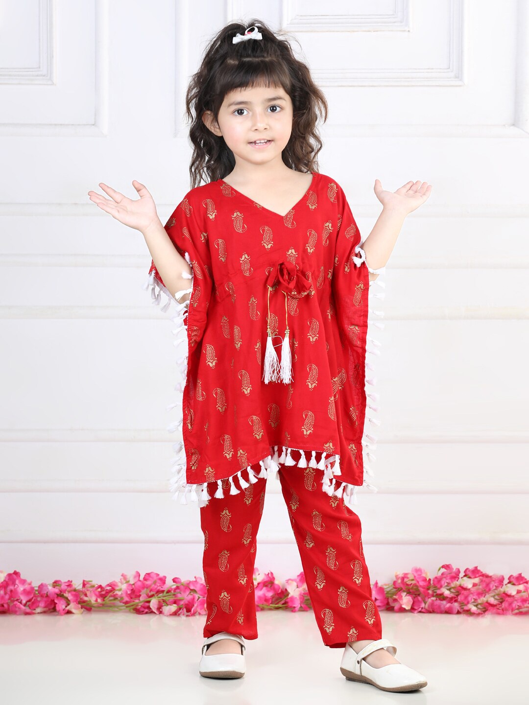 

kidcetra Girls Floral Printed Pure Cotton Kaftan Kurta With Trousers, Red