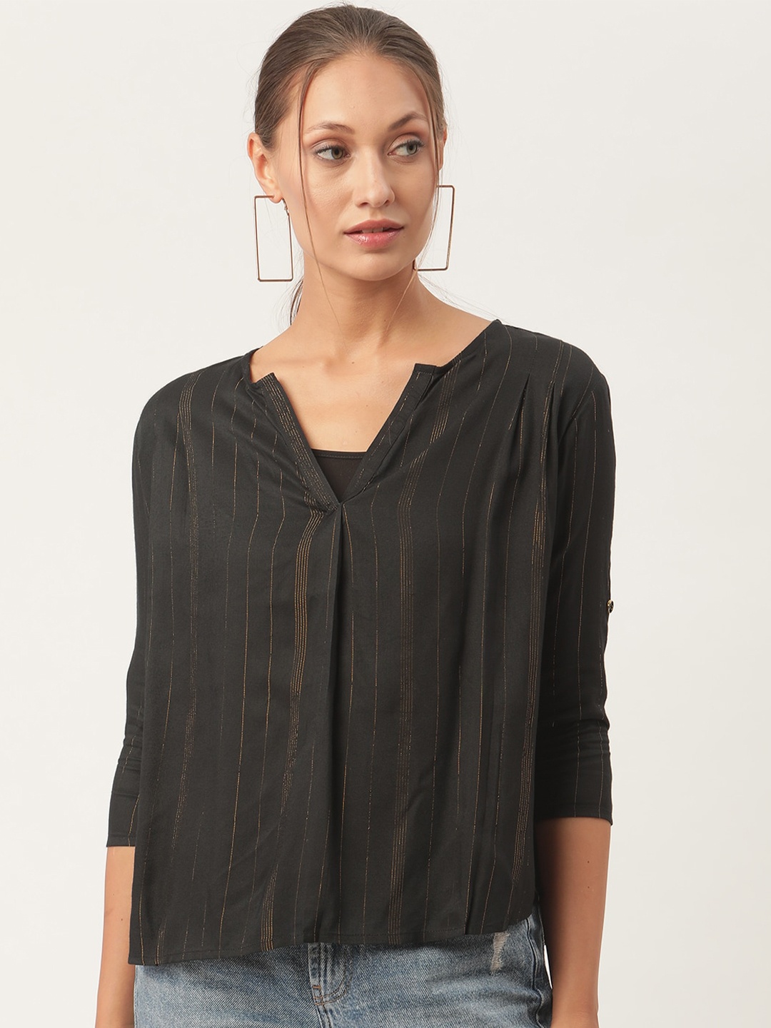 

urSense Notched Neck Roll-Up Sleeves Striped Top, Black