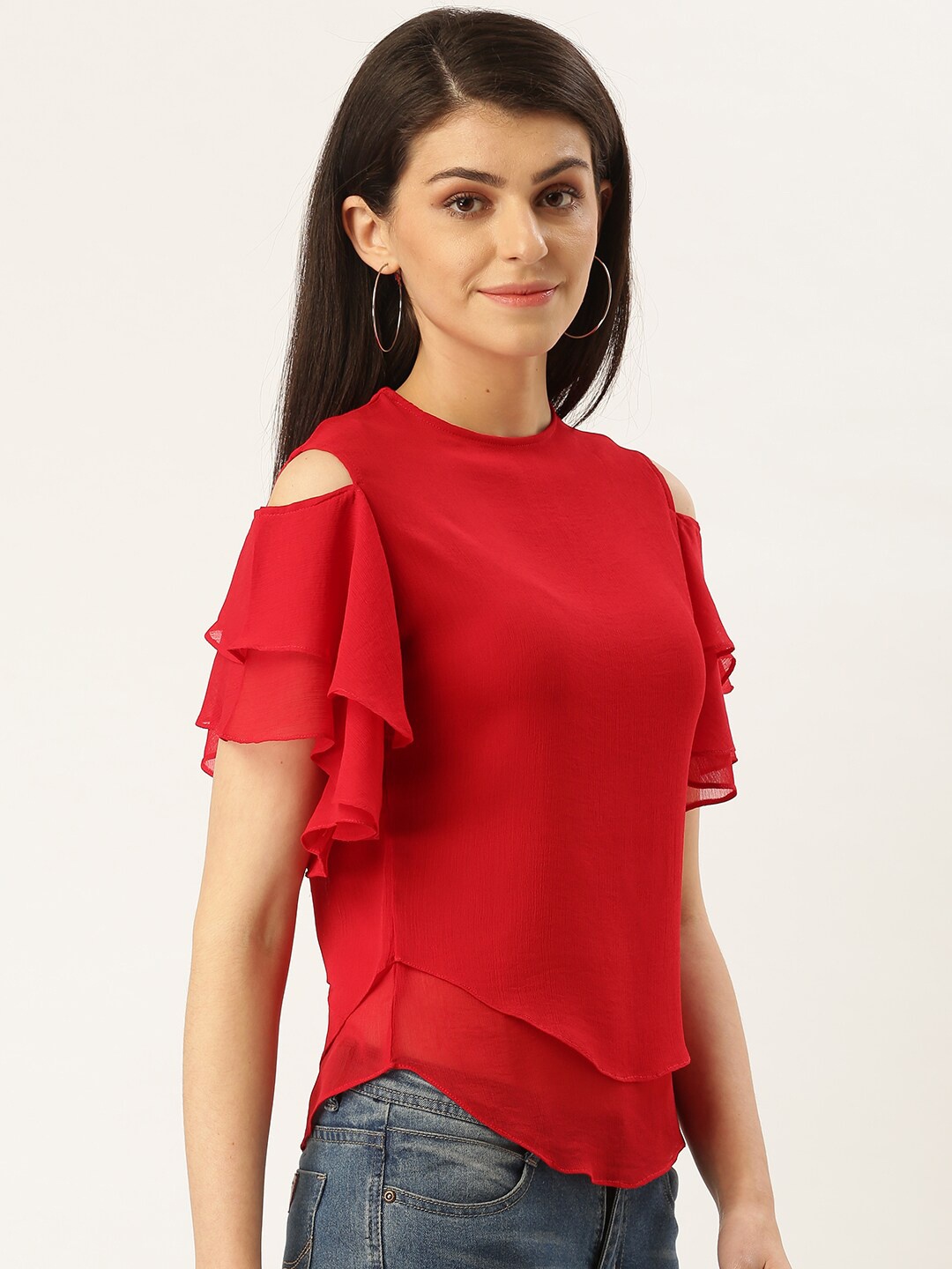 

urSense Cold-Shoulder Sleeves Layered Ruffles Top, Red