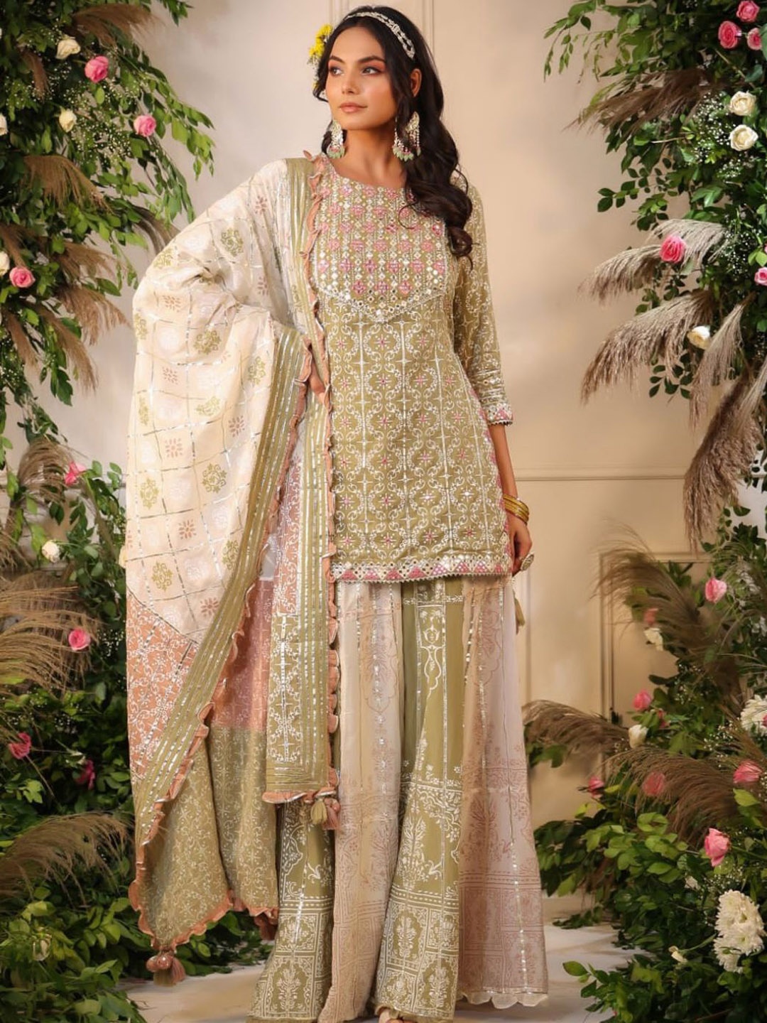 

Zolo Label Ethnic Motifs Printed Mirror Work Pure Cotton Kurti with Sharara & Dupatta, Green