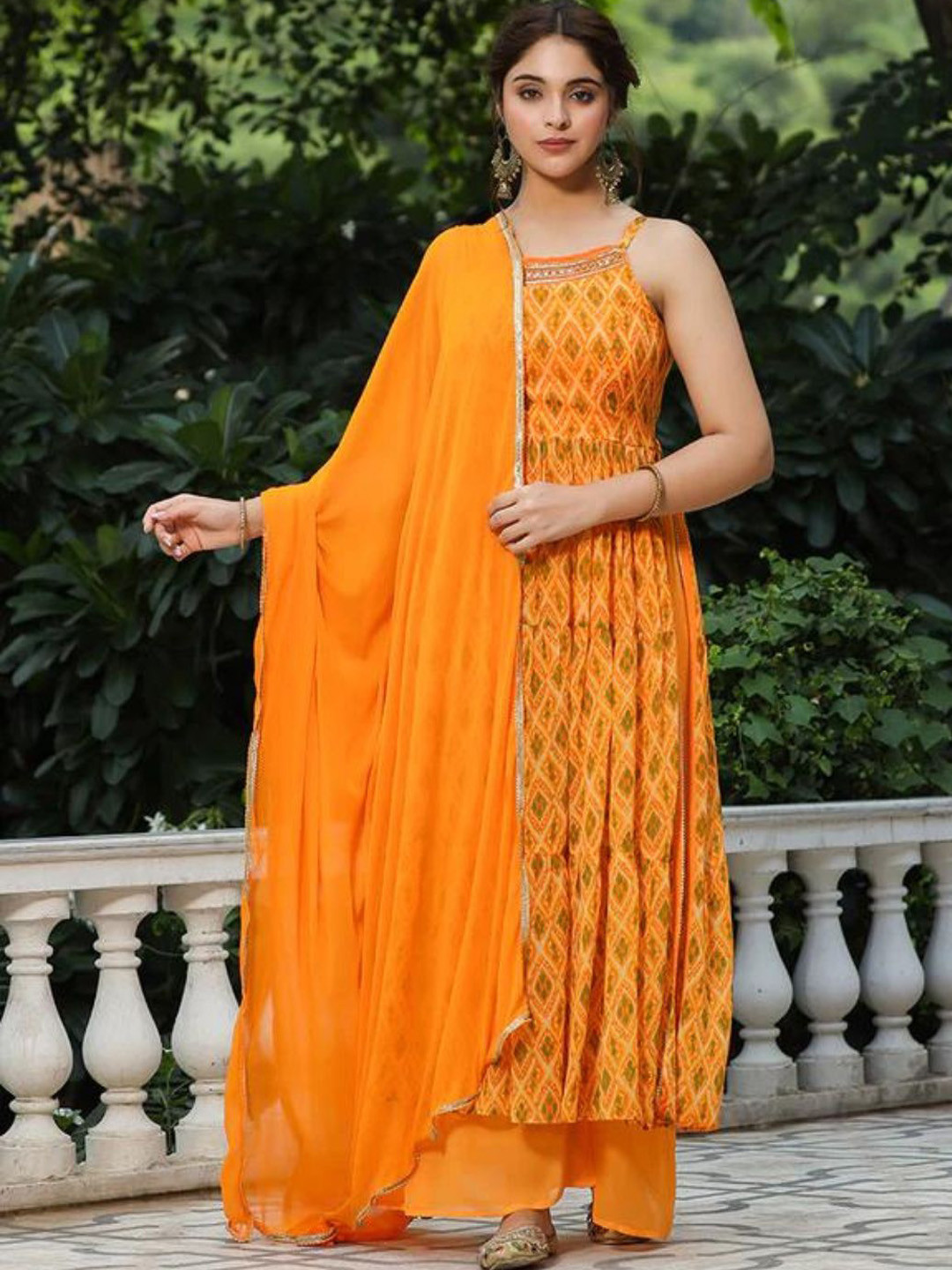 

Zolo Label Ethnic Motifs Printed Mirror Work Pure Cotton Kurta with Sharara & Dupatta, Orange
