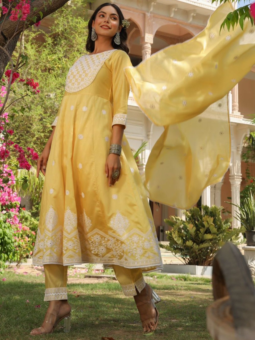 

Zolo Label Ethnic Motifs Embroidered Chikankari A-Line Kurta With Trousers & Dupatta, Yellow