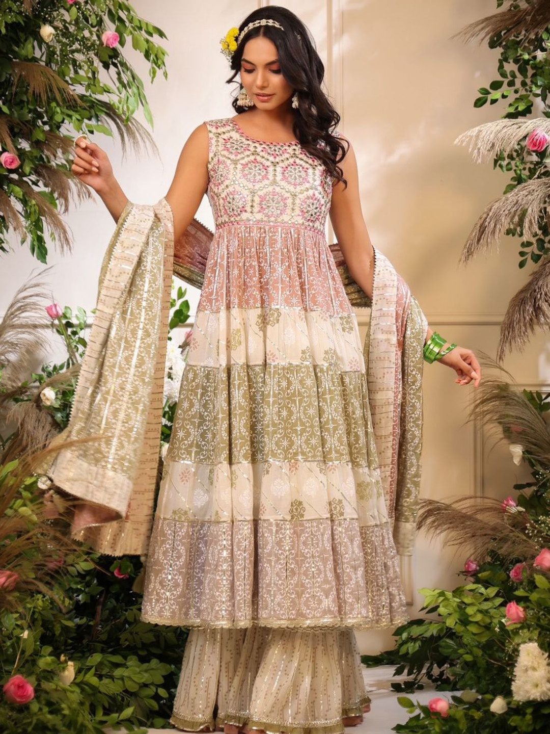 

Zolo Label Embroidered Mirror Work Pure Cotton Anarkali Kurta With Sharara & Dupatta, Pink