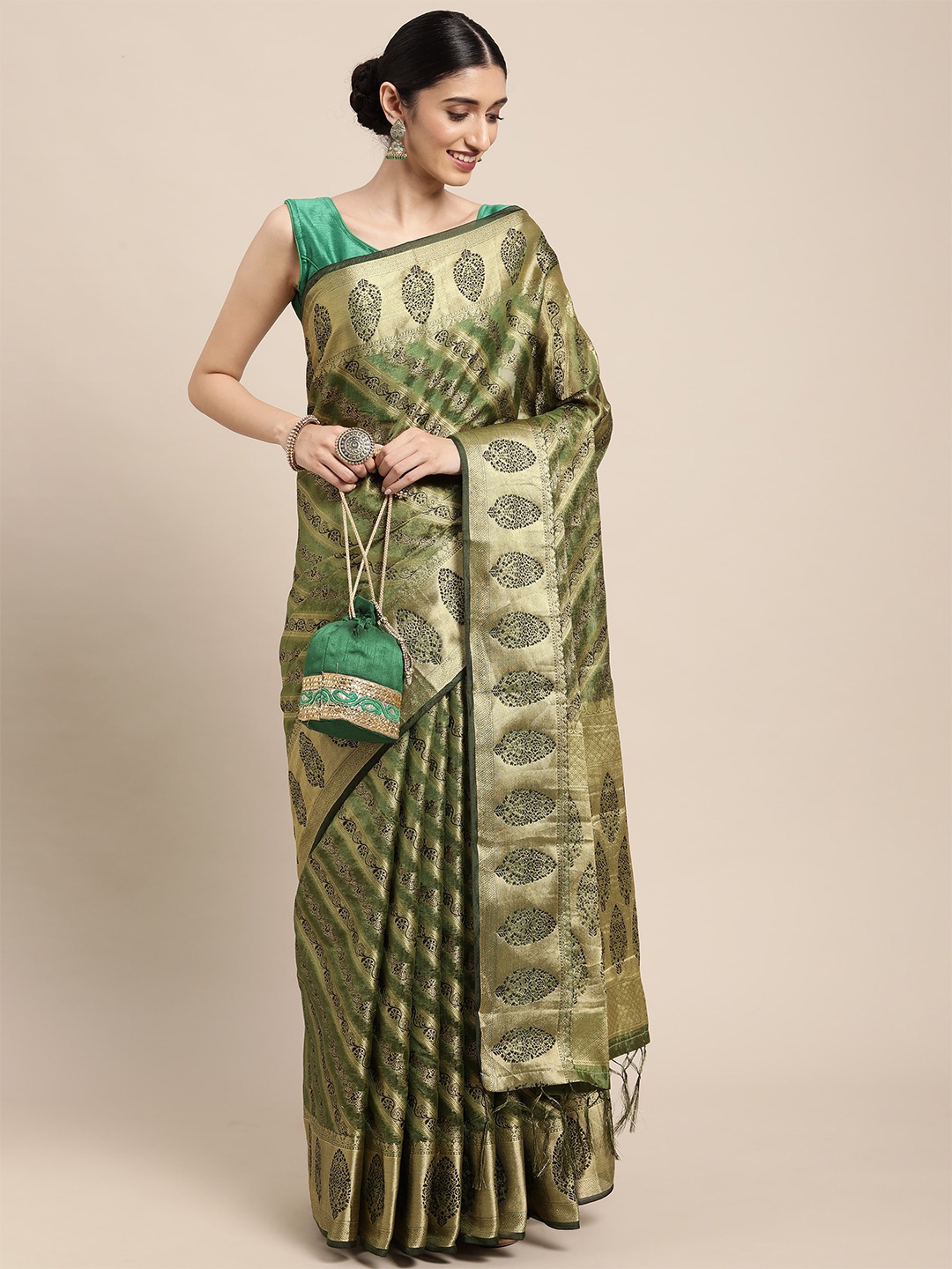 

Sangria Ethnic Motifs Woven Design Art Silk Saree, Green