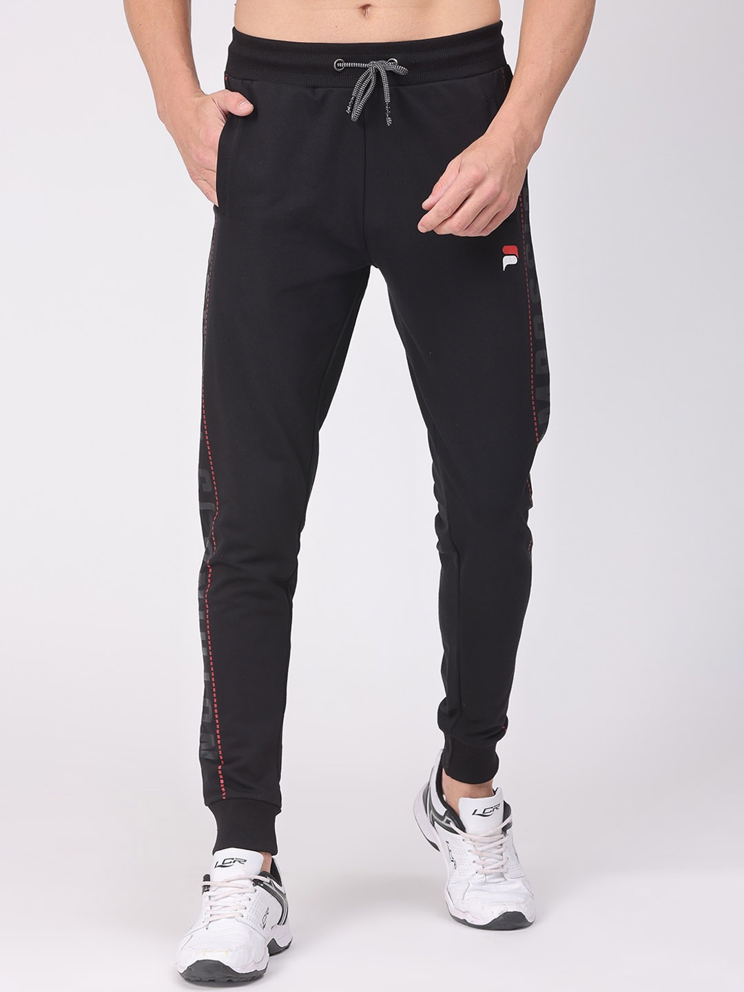 

POLONIUM Men Regular-Fit Mid-Rise Cotton Joggers, Black