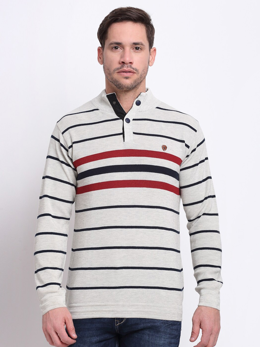 

Cantabil Striped Mock Collar Regular Sleeves Pullover, Grey