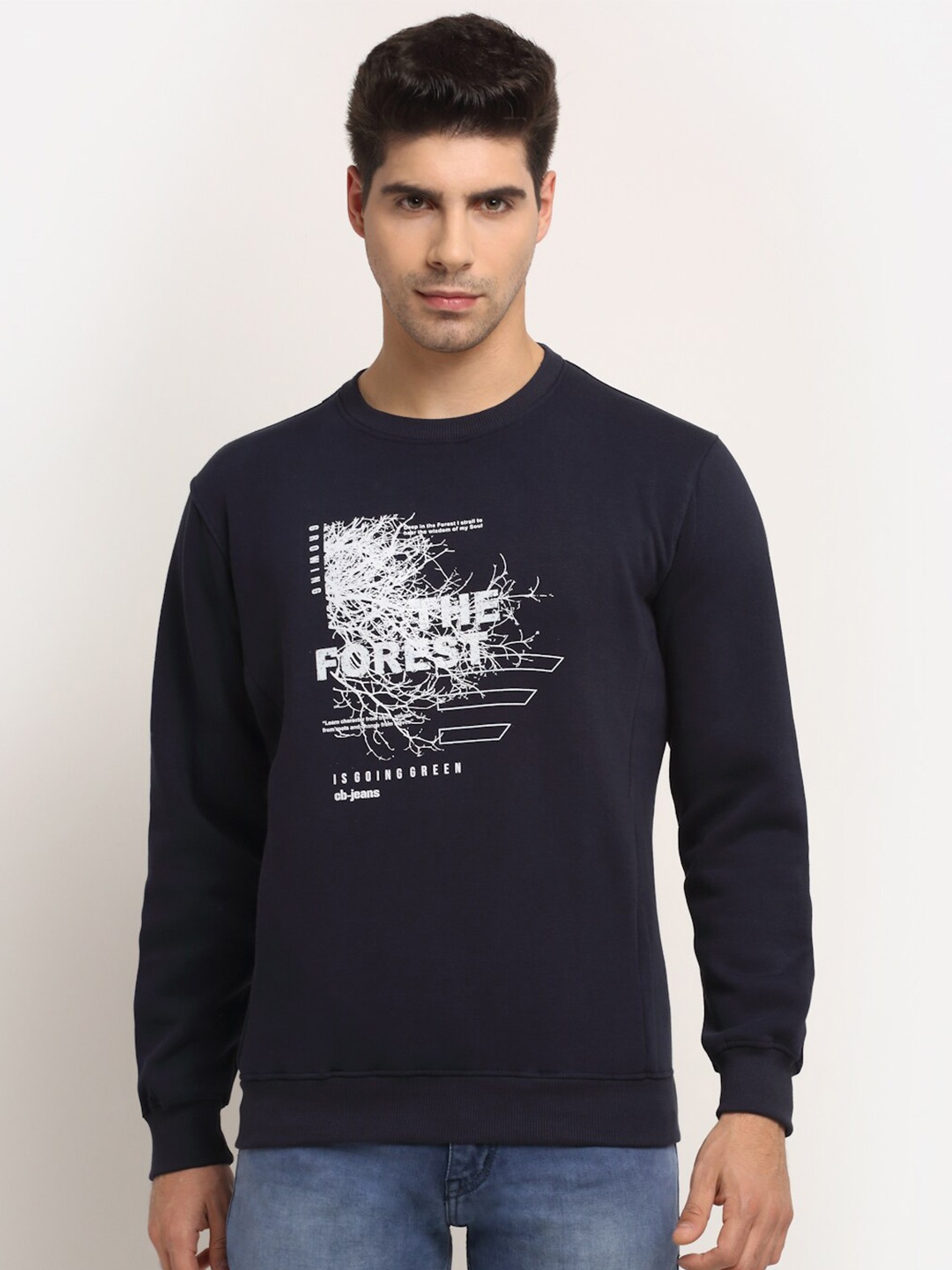 

Cantabil Round Neck Typography Printed Fleece Pullover, Navy blue