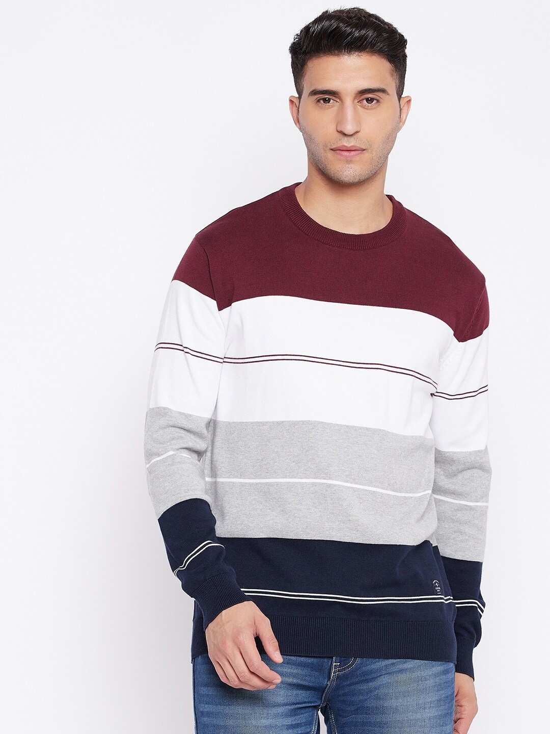 

Cantabil Colourblocked Round Neck Cotton Pullover, Maroon
