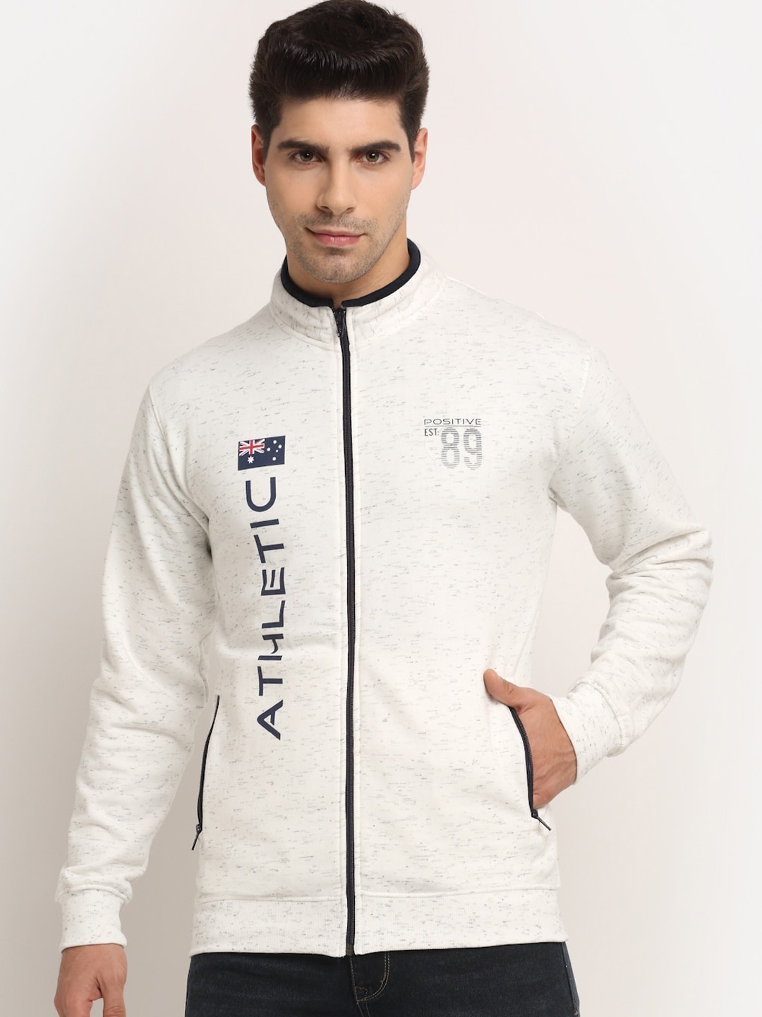 

Cantabil Typography Printed Fleece Open Front Bomber Jacket, Off white