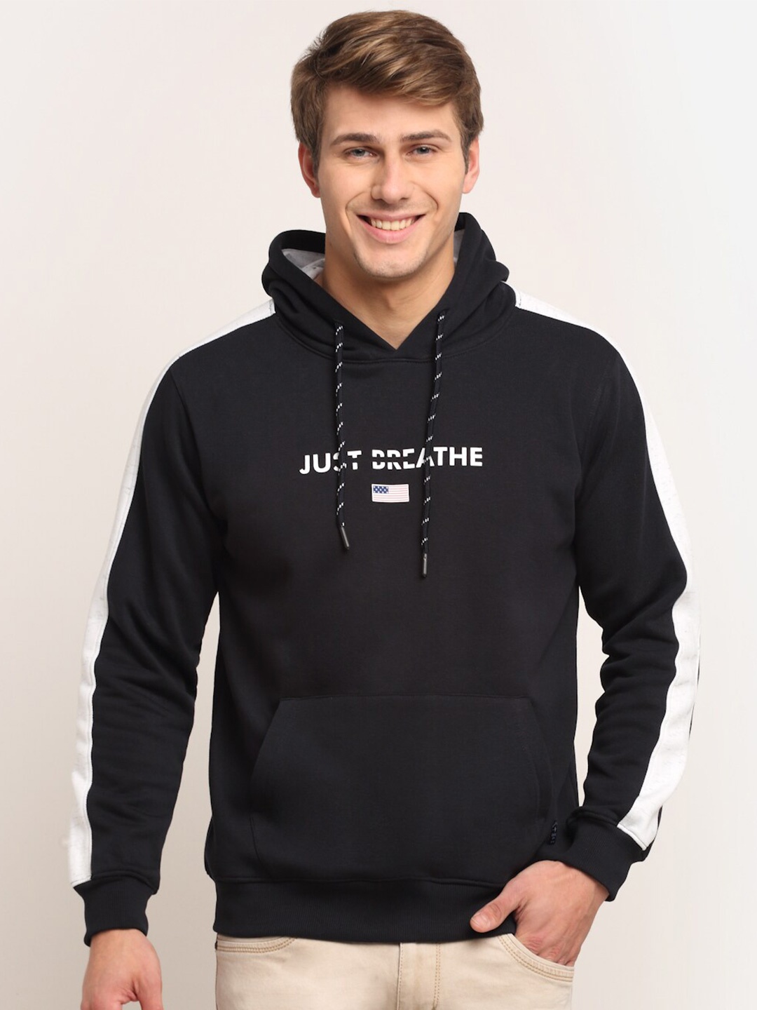 

Cantabil Typography Printed Hooded Neck Fleece Sweatshirt, Navy blue