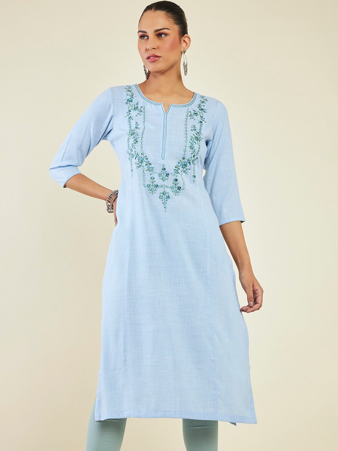 

Soch Notched Neck Floral Embroidered Straight Kurta, Blue