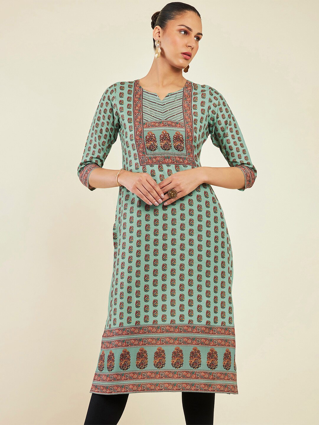 

Soch Notched Neck Ethnic Motifs Printed Straight Kurta, Sea green