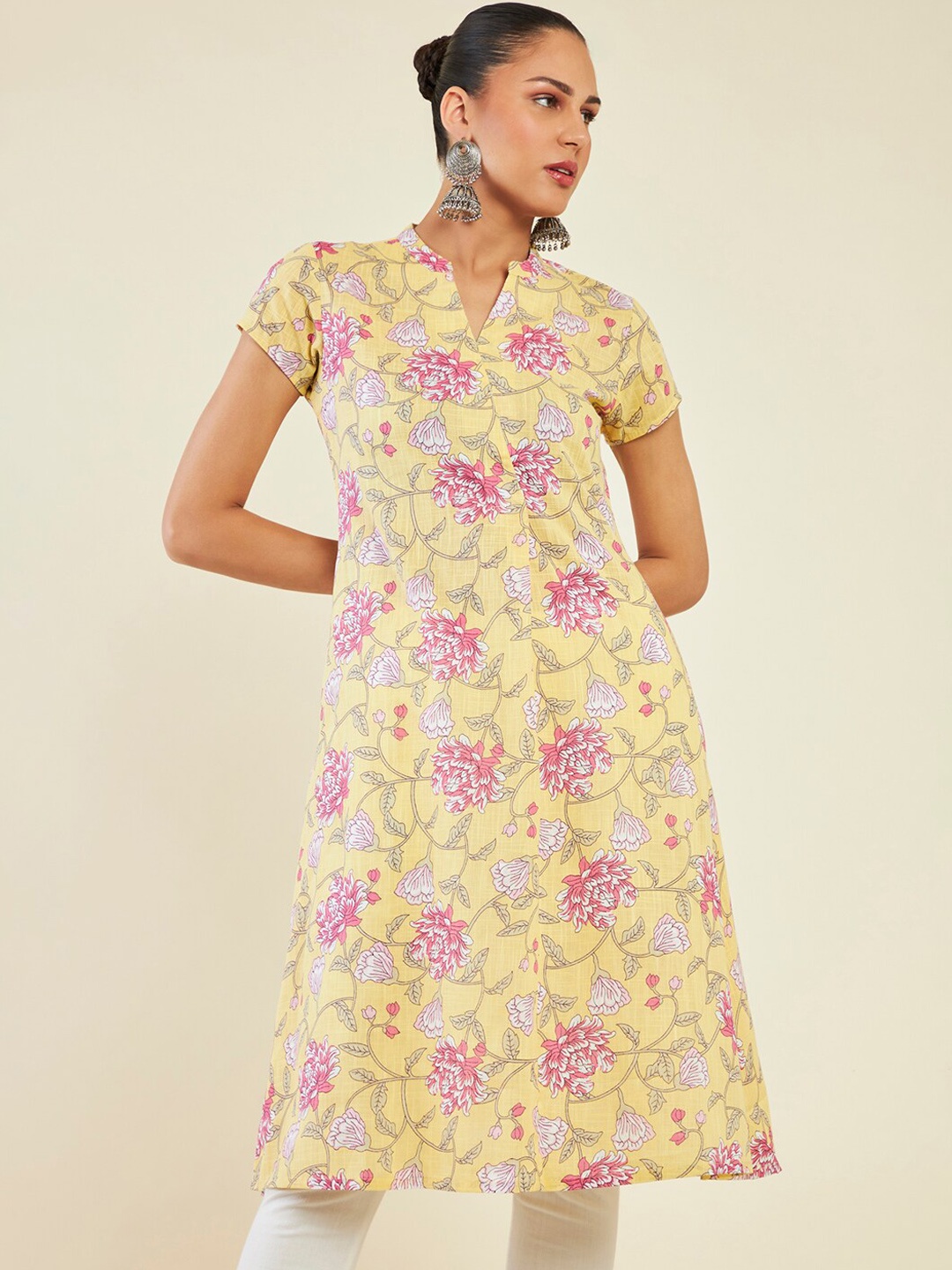

Soch Band Collar Floral Printed Pure Cotton A-Line Kurta, Yellow