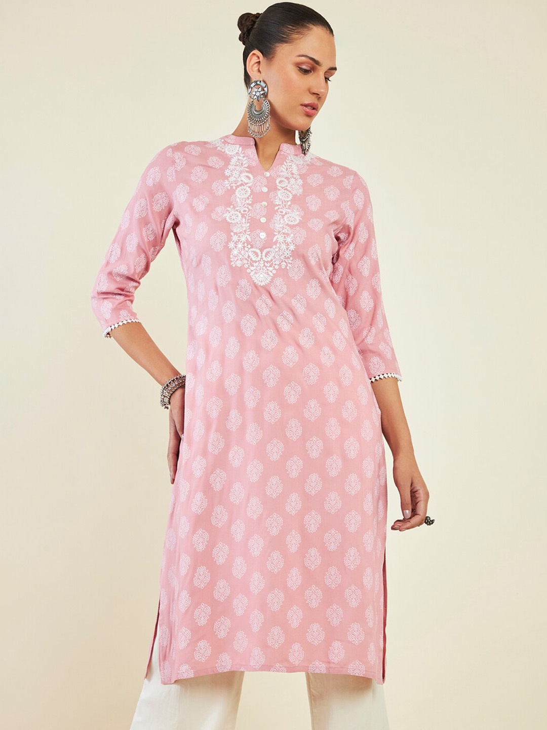 Soch Ethnic Motifs Printed Thread Work Straight Kurta, Pink