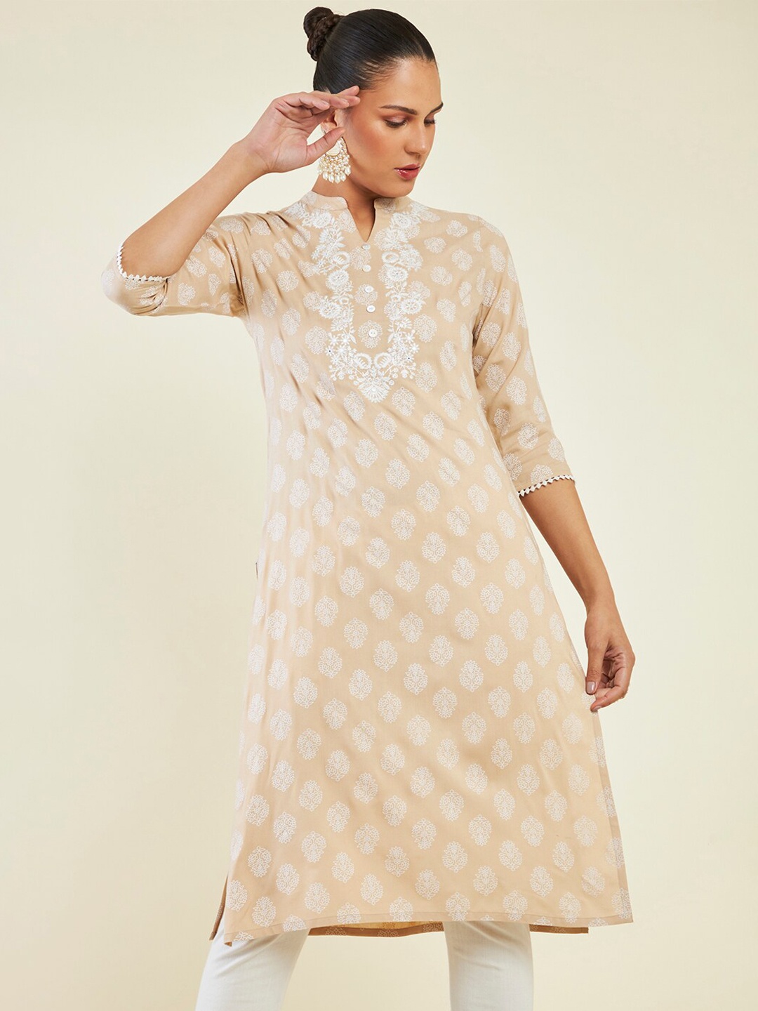 

Soch Ethnic Motifs Printed Thread Work Straight Kurta, Beige