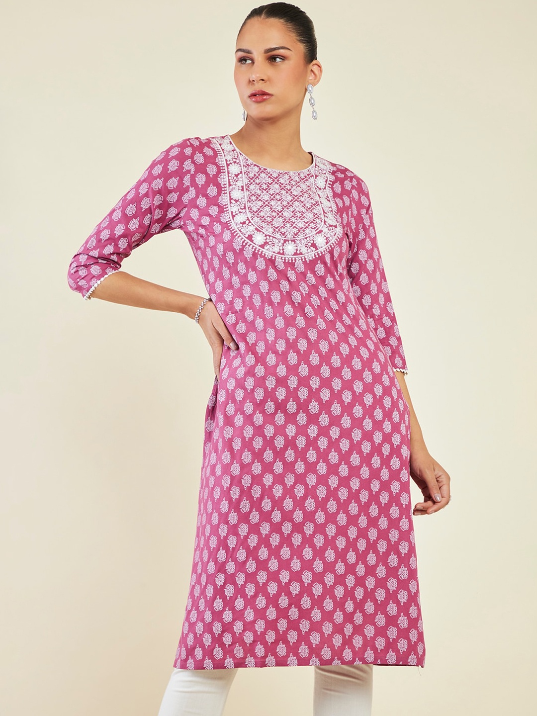 

Soch Floral Printed Mirror Work Straight Kurta, Pink
