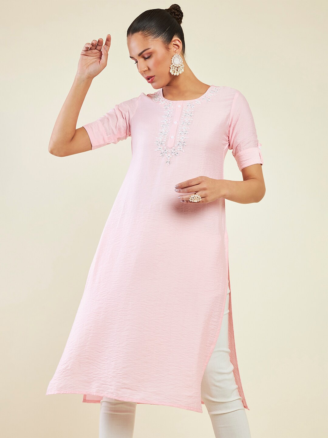 

Soch Yoke Design Beads & Stones Straight Kurta, Pink