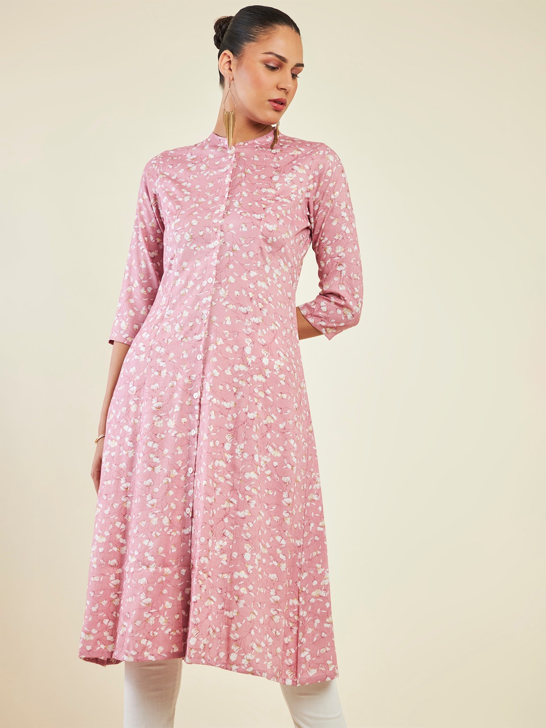 

Soch Floral Printed Mandarin Collar Panelled A-Line Kurta, Pink