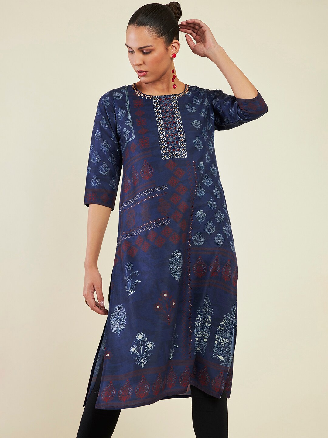 

Soch Ethnic Motif Printed Beads & Stones Straight Kurta, Blue