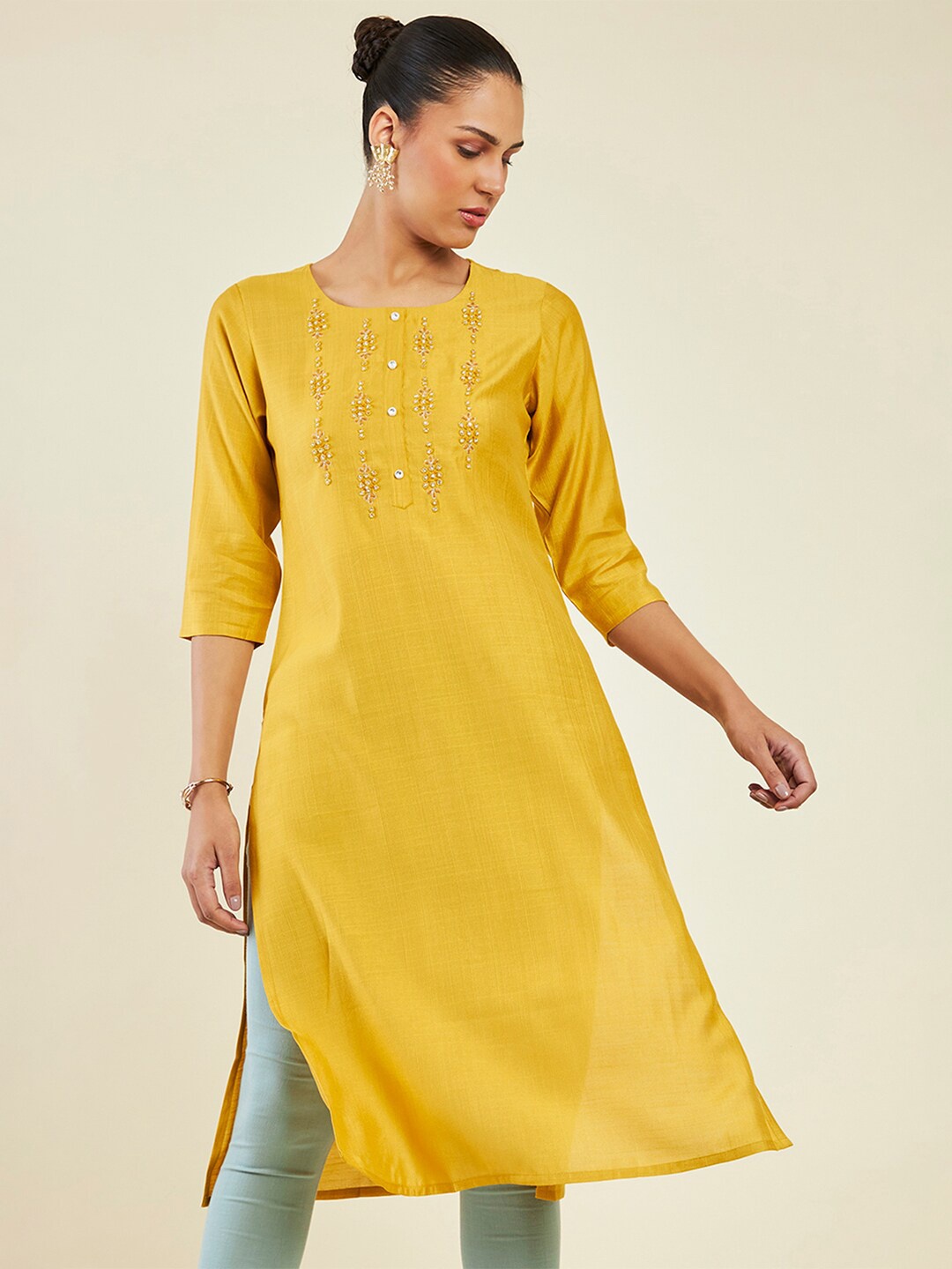 

Soch Yoke Design Beads & Stones Straight Kurta, Mustard