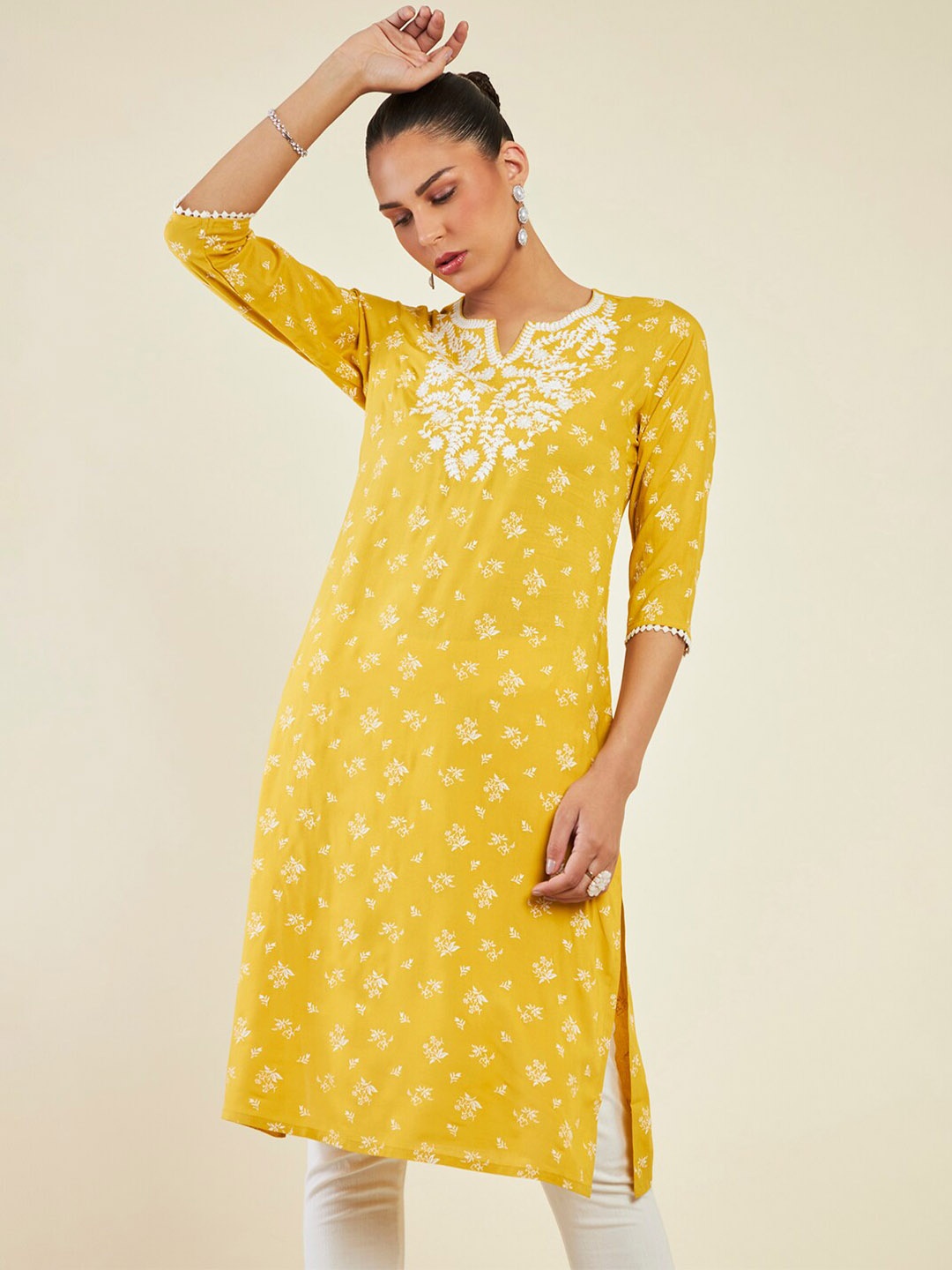 

Soch Floral Printed Notch Neck Thread Work Straight Kurta, Mustard