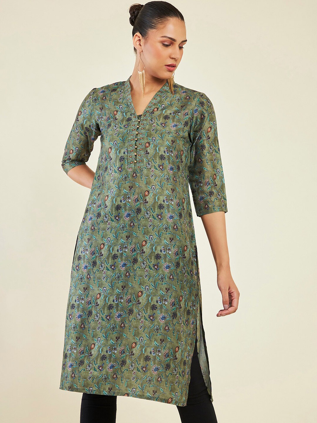 

Soch Floral Printed V Neck Straight Kurta, Olive