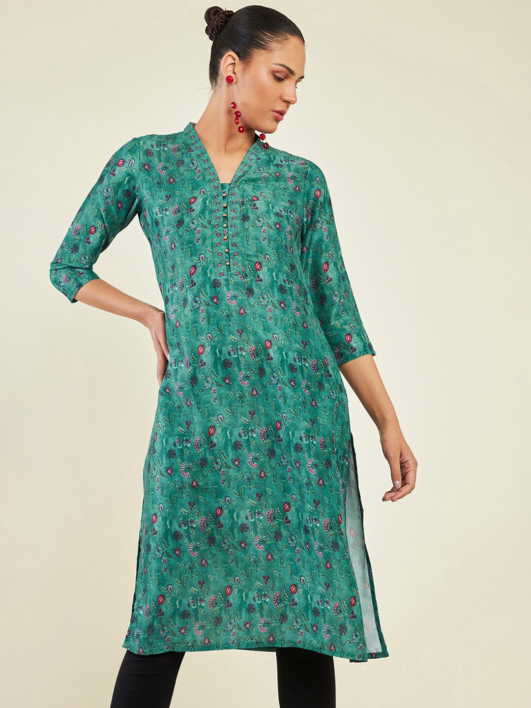 

Soch Floral Printed V Neck Straight Kurta, Teal