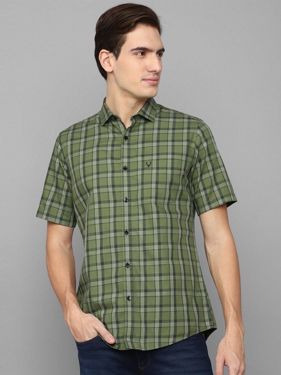 

Allen Solly Slim Fit Checked Pure Cotton Casual Shirt, Olive