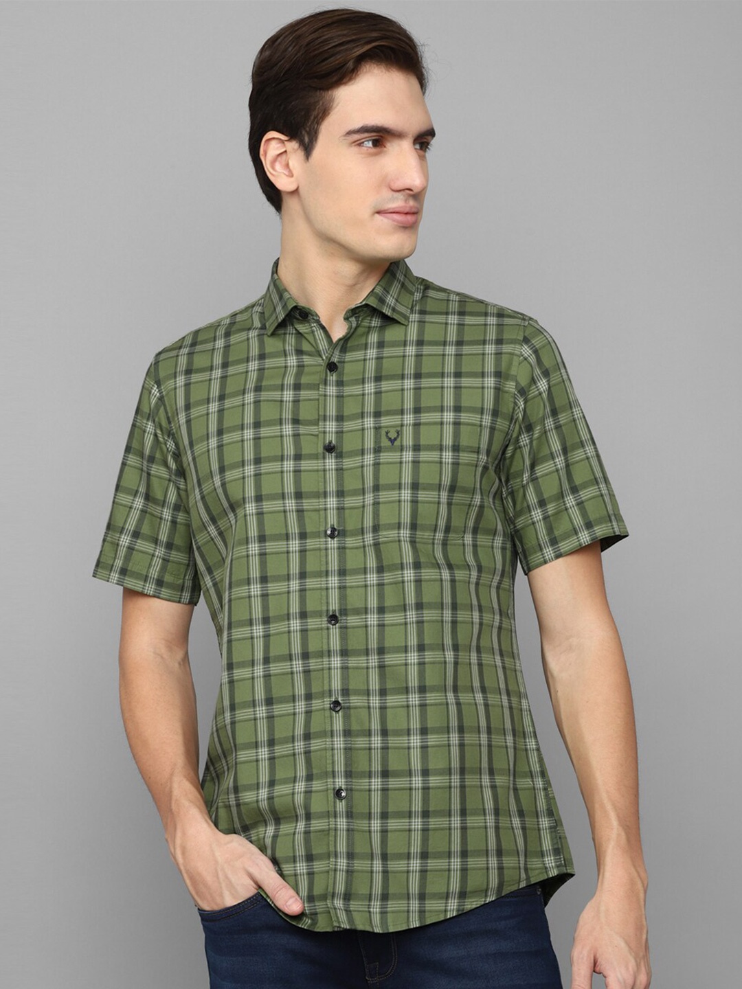 

Allen Solly Slim Fit Checked Pure Cotton Casual Shirt, Olive