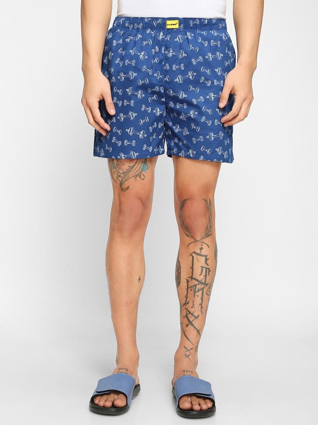 

Bewakoof Men Printed Cotton Regular Fit Inner Elastic Boxers- 508446, Blue