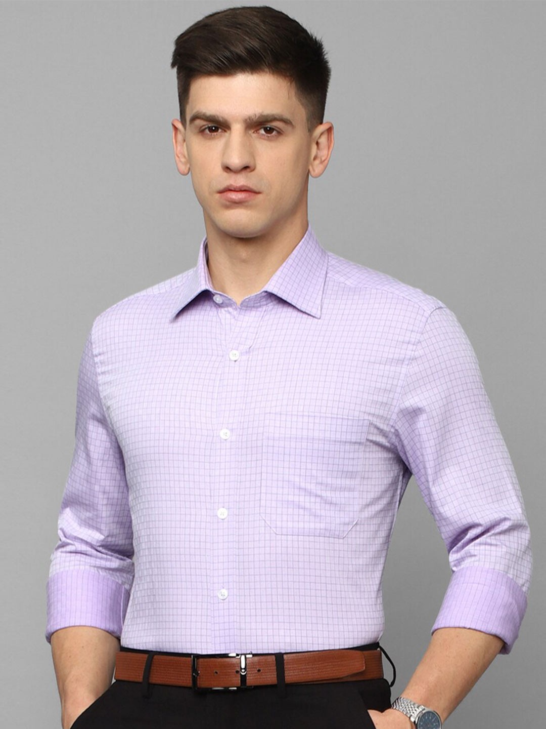 

Louis Philippe Grid Tattersall Checks Checked Pure Cotton Formal Shirt, Purple