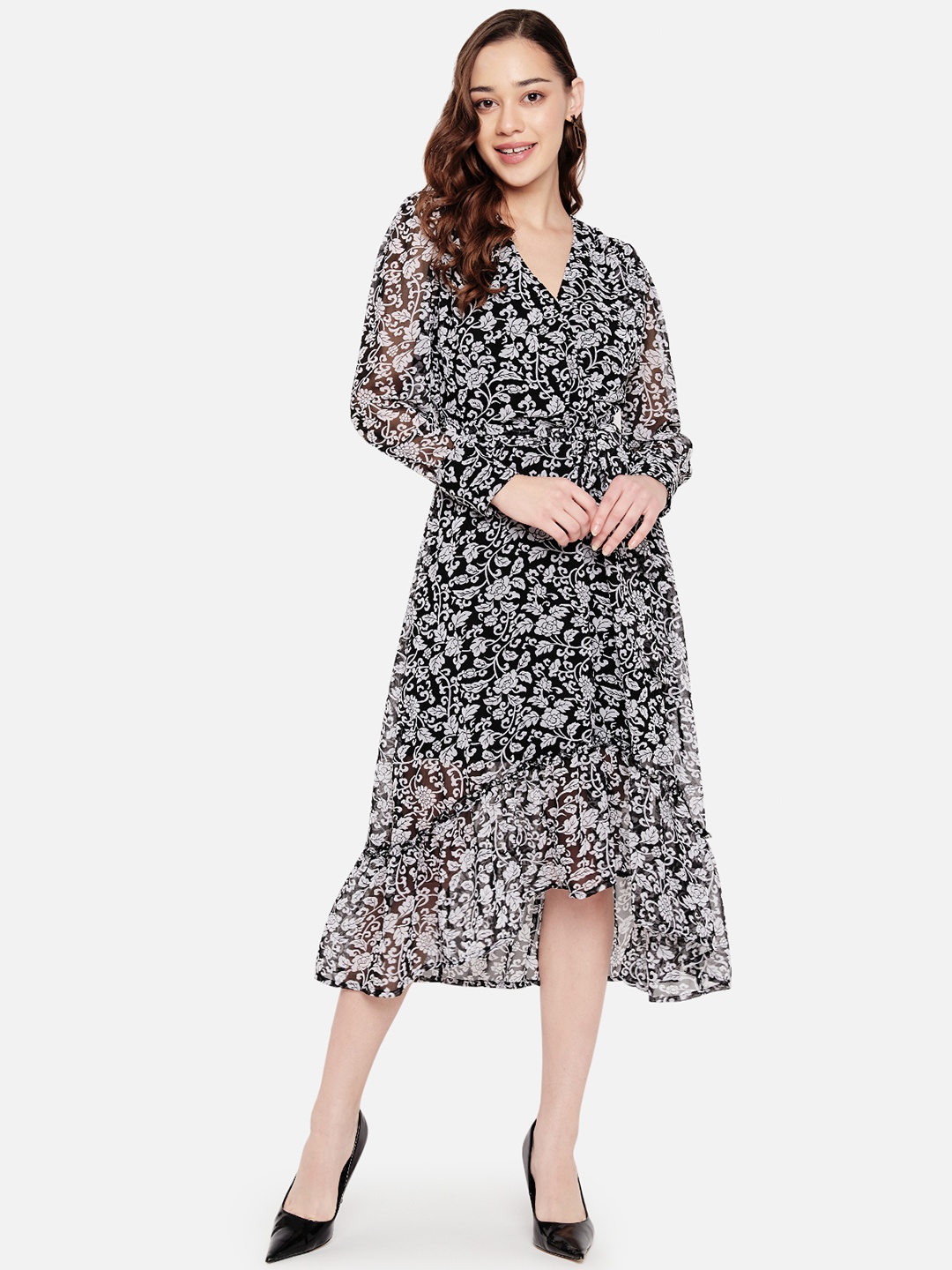 

Martini V-Neck Floral Georgette Midi Dress, Black