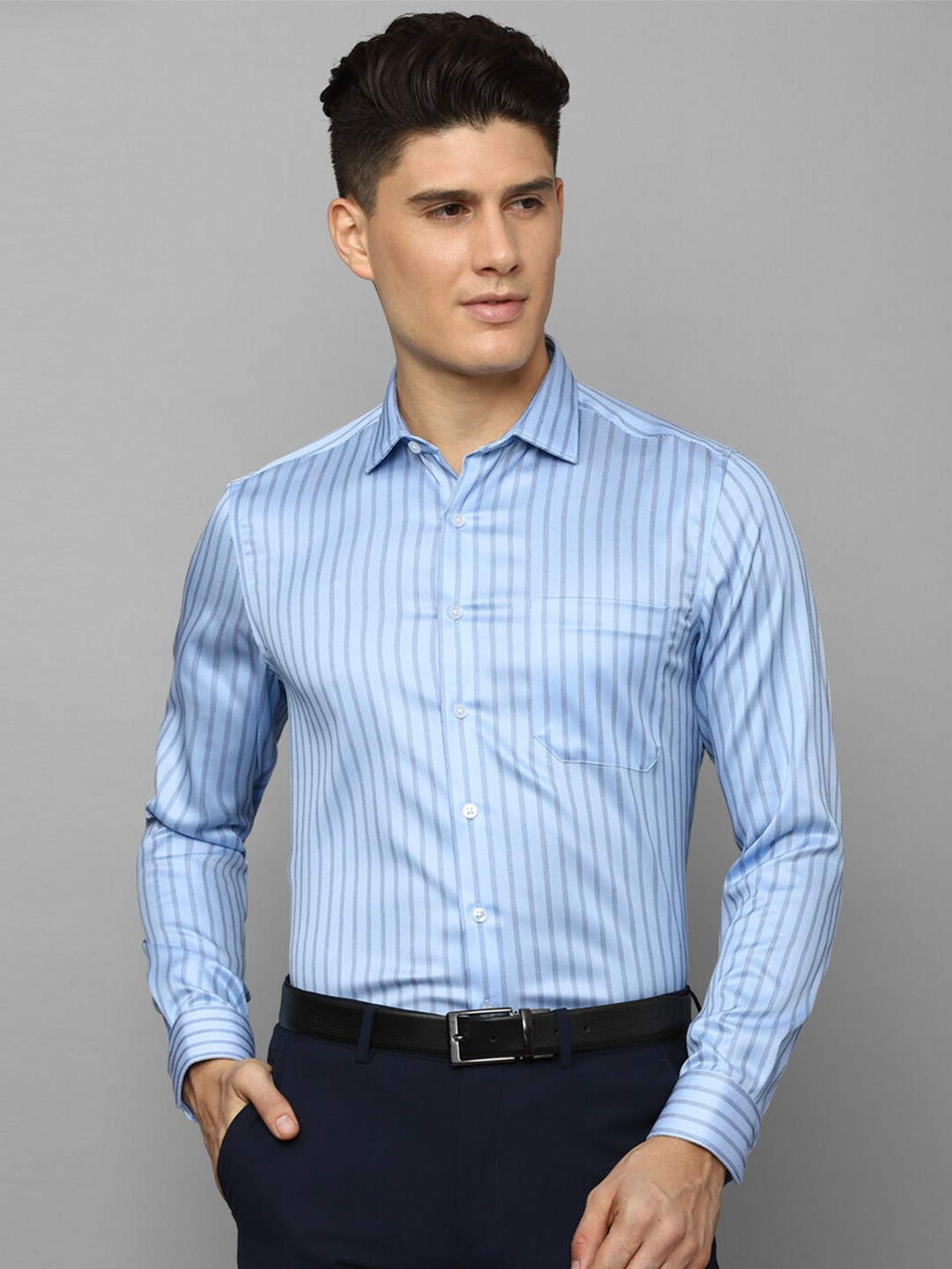 

Louis Philippe Slim Fit Multi Striped Formal Pure Cotton Shirt, Blue