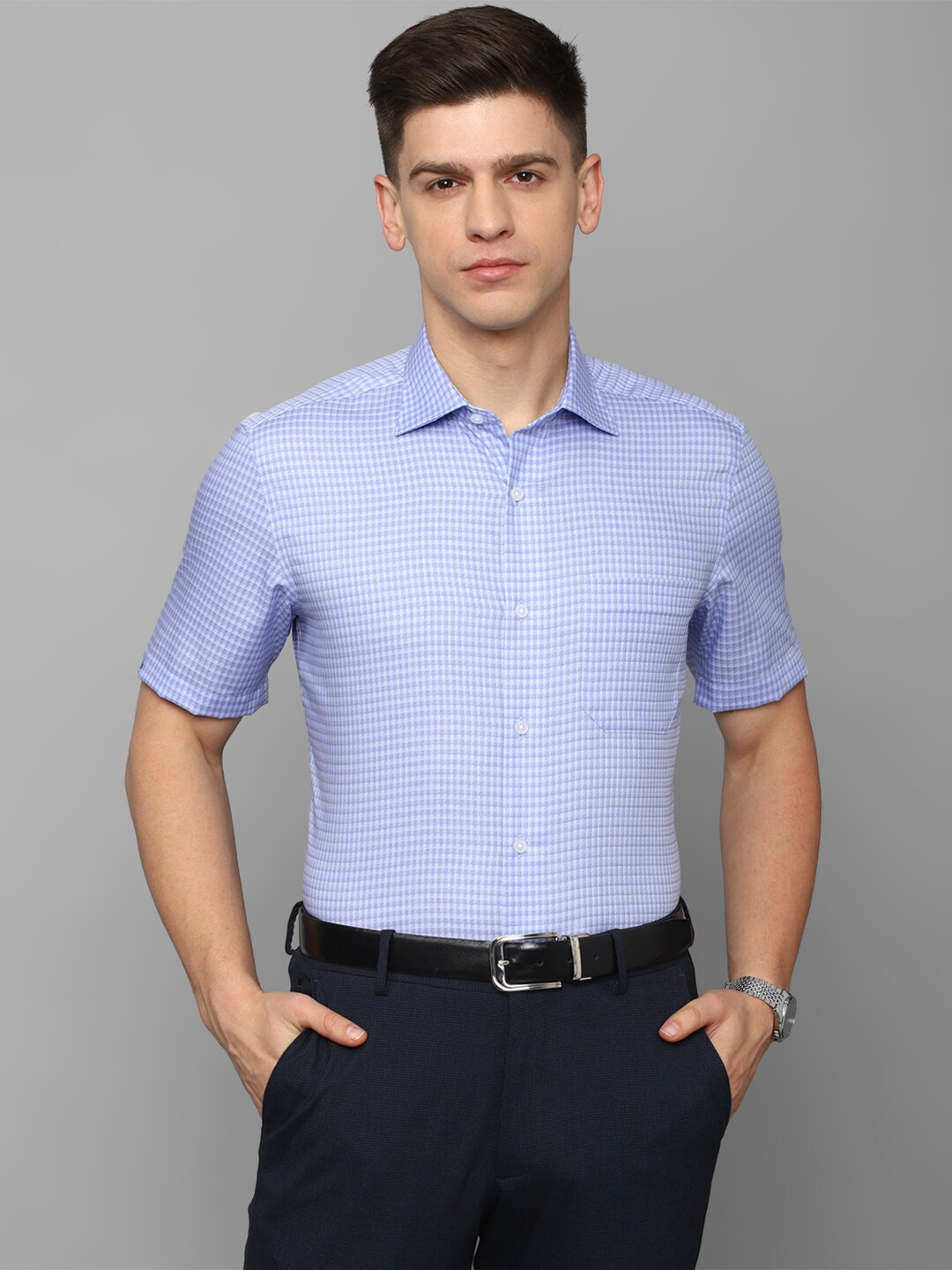 

Louis Philippe Grid Tattersall Checks Checked Pure Cotton Formal Shirt, Blue