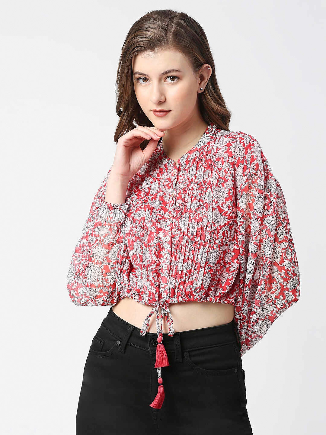 

Pepe Jeans Floral Print Mandarin Collar Top, Red