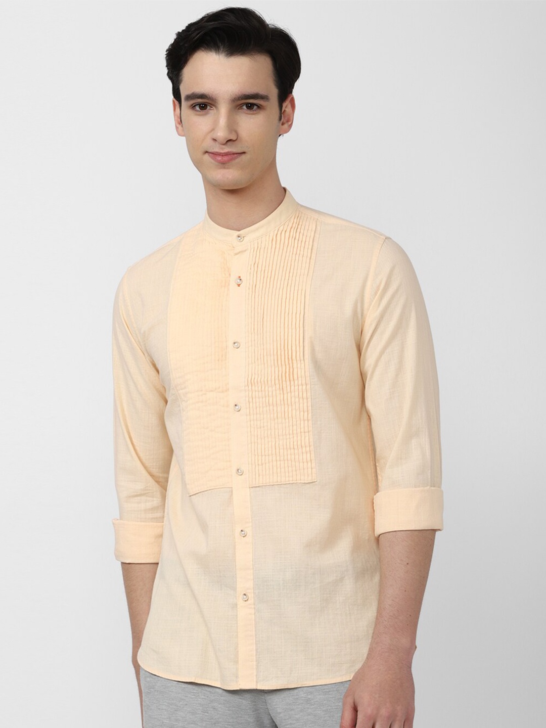 

Peter England Casuals Men Slim Fit Band Collar Cotton Shirt, Yellow