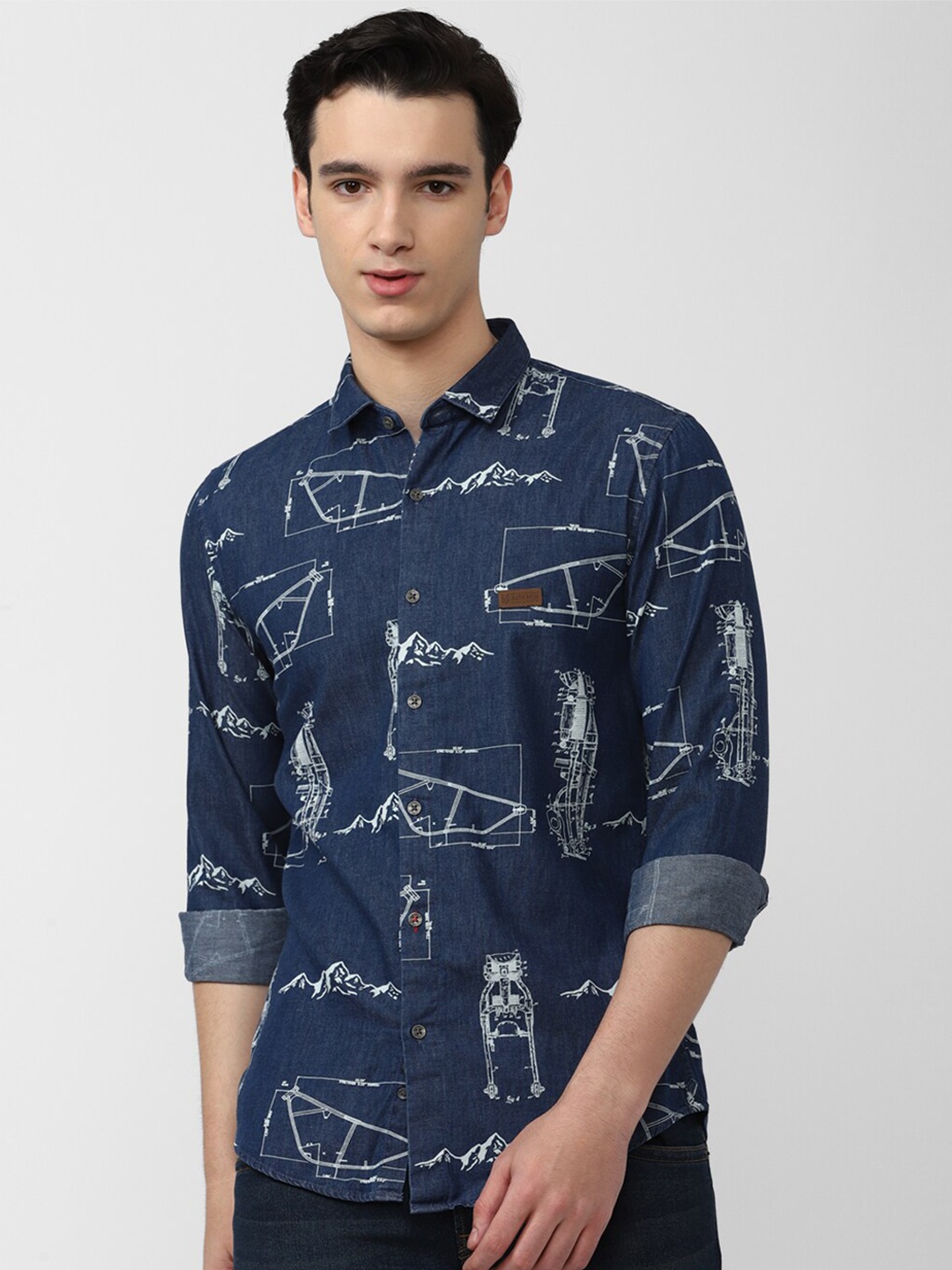 

Peter England Casuals Printed Pure Cotton Slim Fit Casual Shirt, Navy blue