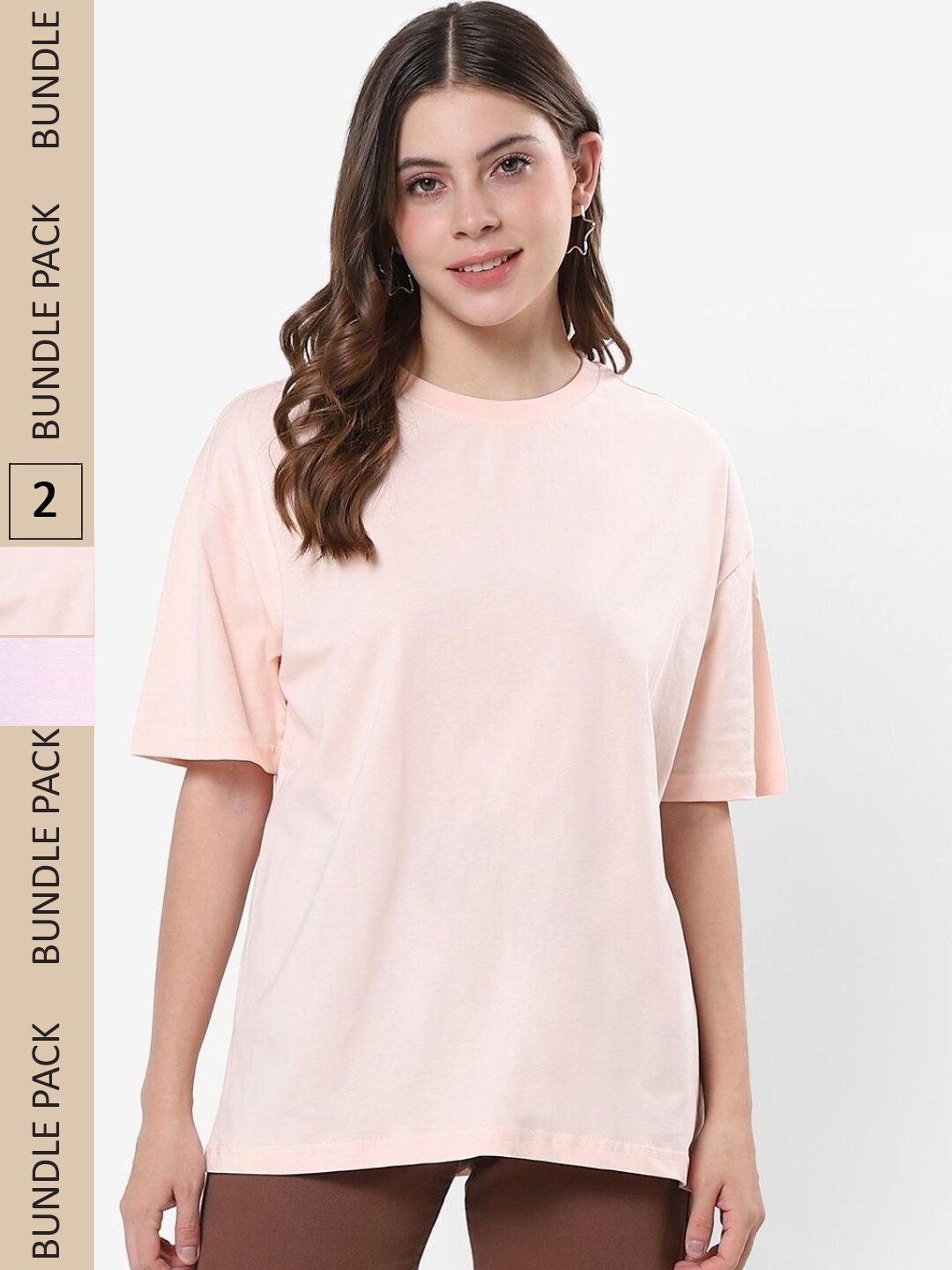 

Bewakoof Pack Of 2 Drop Cotton Shoulder Sleeves Oversized T-shirt, Pink